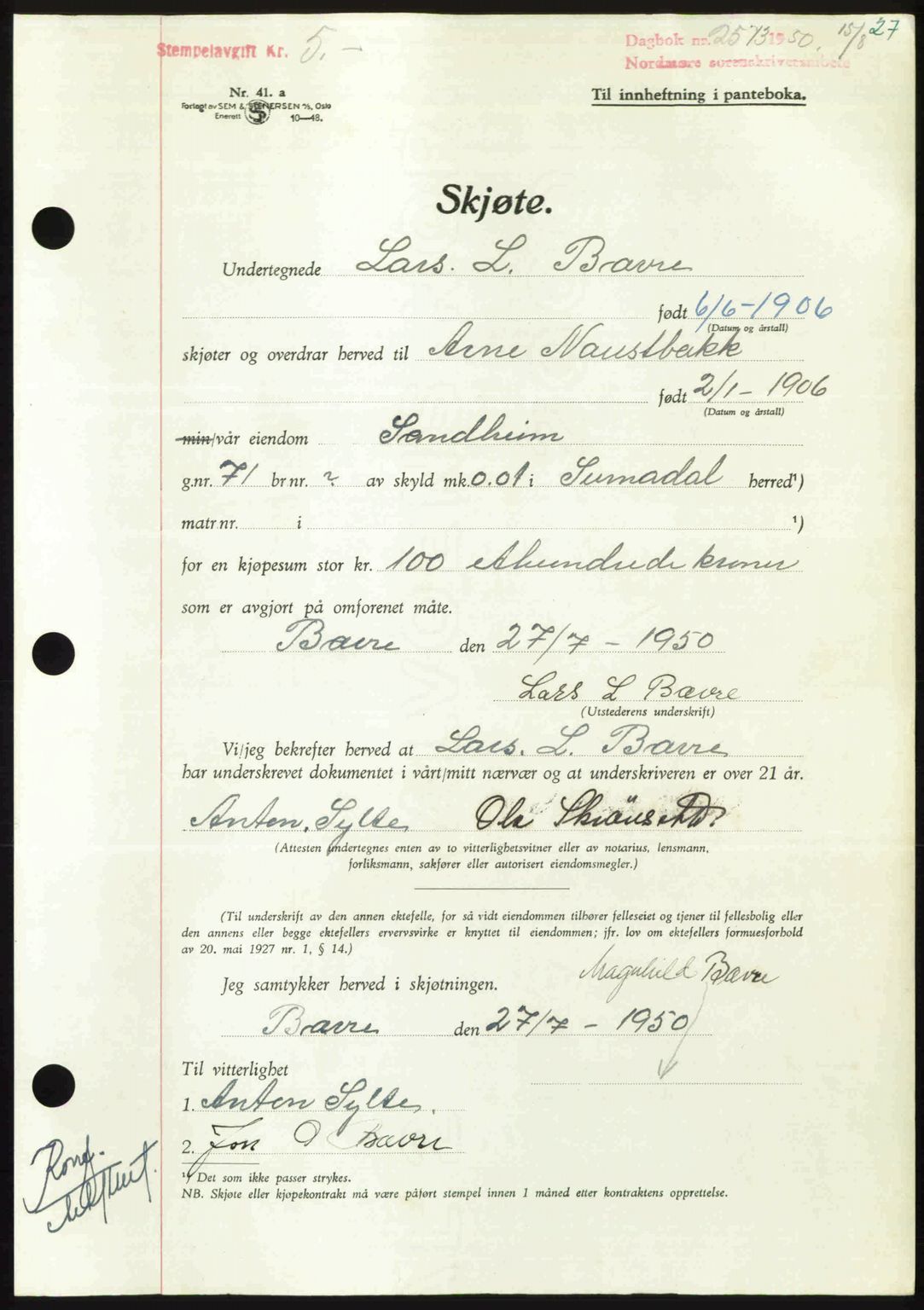 Nordmøre sorenskriveri, AV/SAT-A-4132/1/2/2Ca: Mortgage book no. A116, 1950-1950, Diary no: : 2573/1950