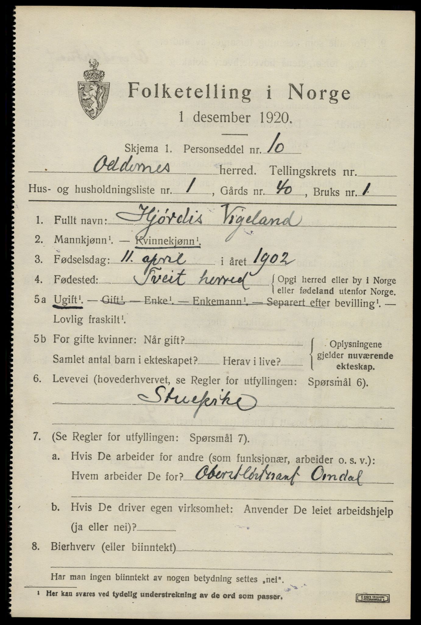 SAK, 1920 census for Oddernes, 1920, p. 8393