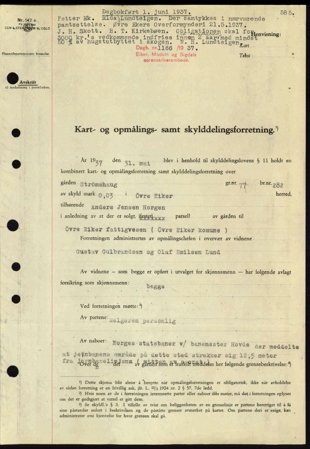 Eiker, Modum og Sigdal sorenskriveri, SAKO/A-123/G/Ga/Gab/L0035: Mortgage book no. A5, 1937-1937, Diary no: : 1166/1937