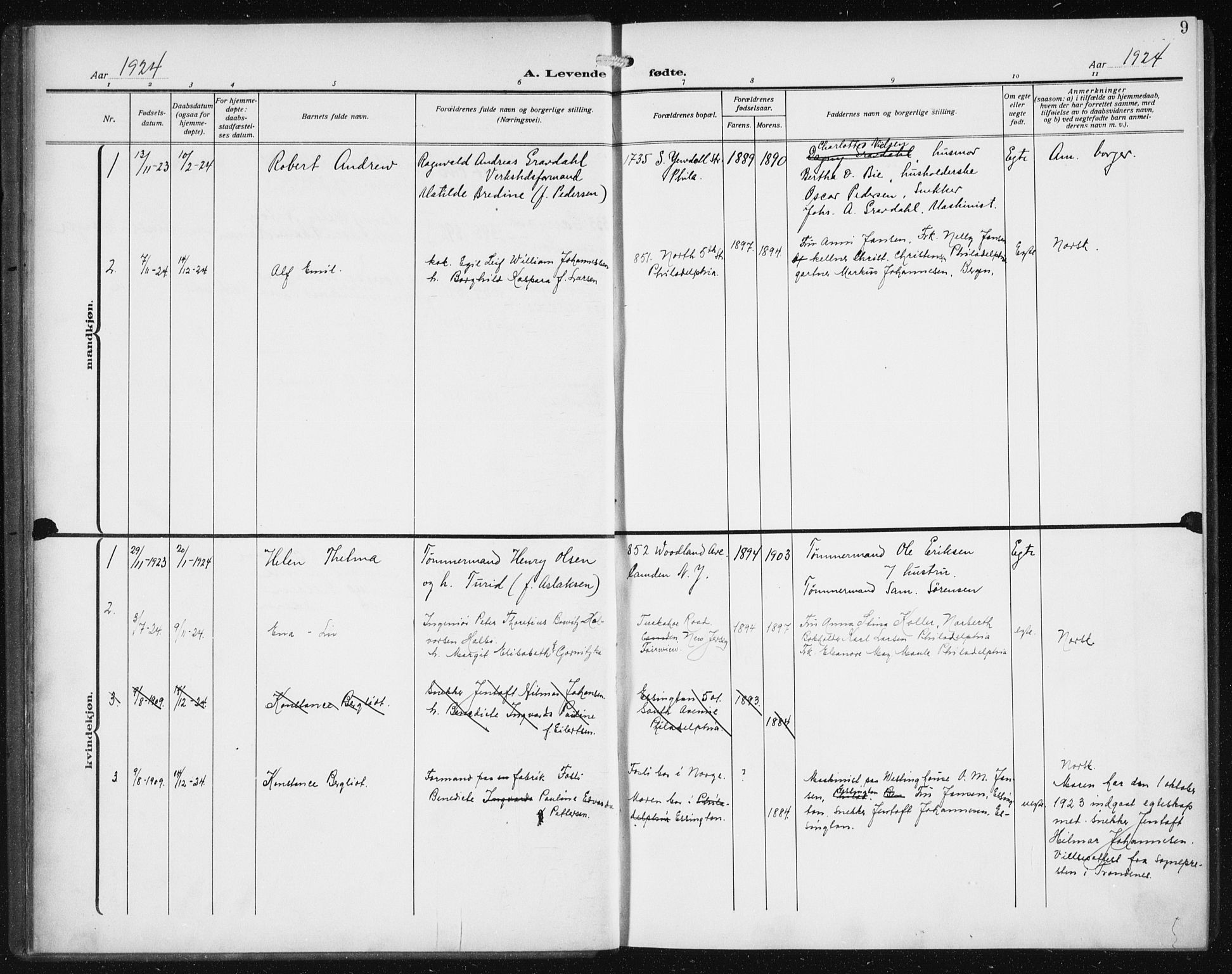 Den norske sjømannsmisjon i utlandet/Philadelphia, SAB/SAB/PA-0113/H/Ha/L0001: Parish register (official) no. A 1, 1912-1931, p. 9