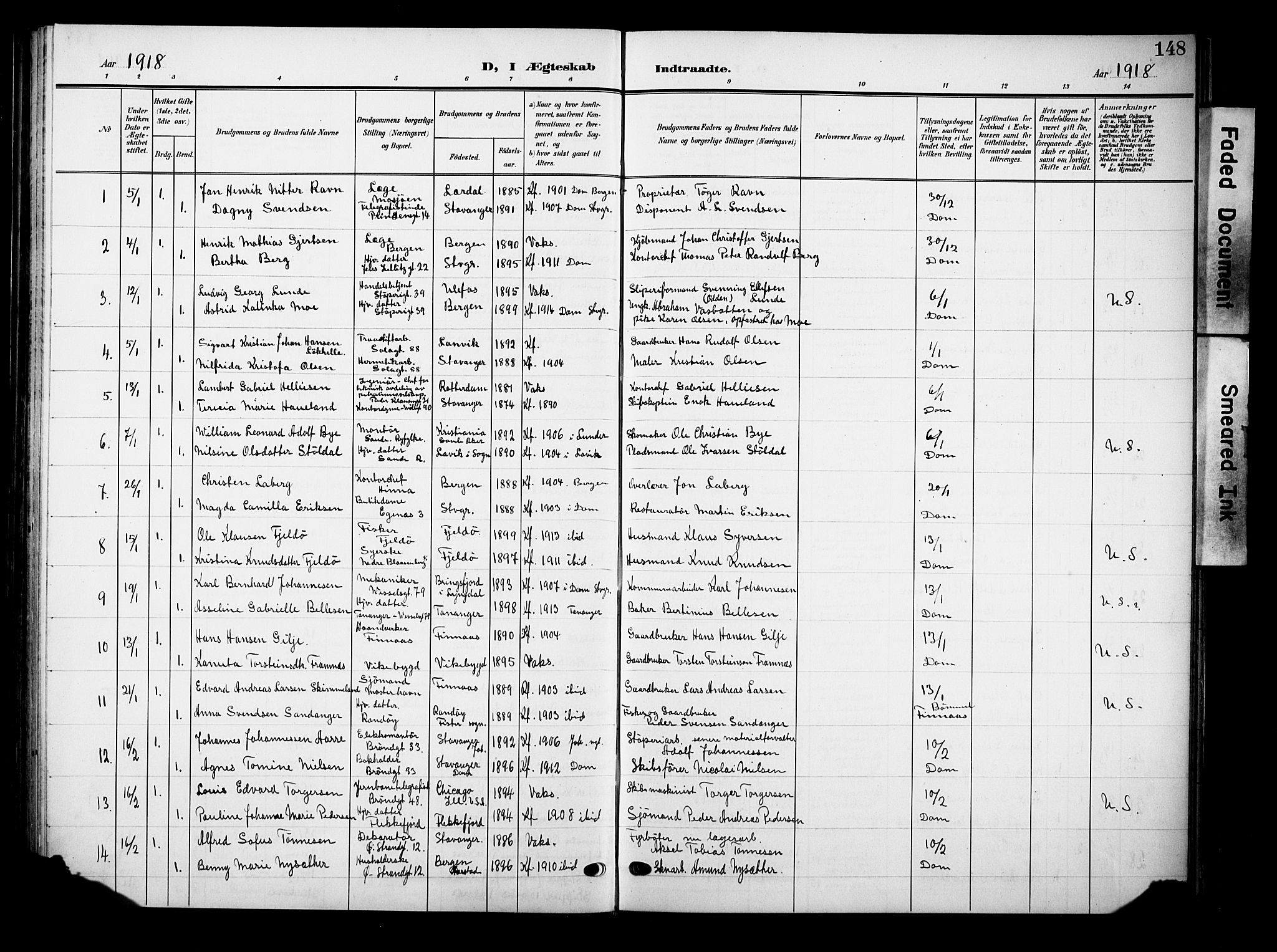 Domkirken sokneprestkontor, SAST/A-101812/001/30/30BB/L0017: Parish register (copy) no. B 17, 1902-1921, p. 148