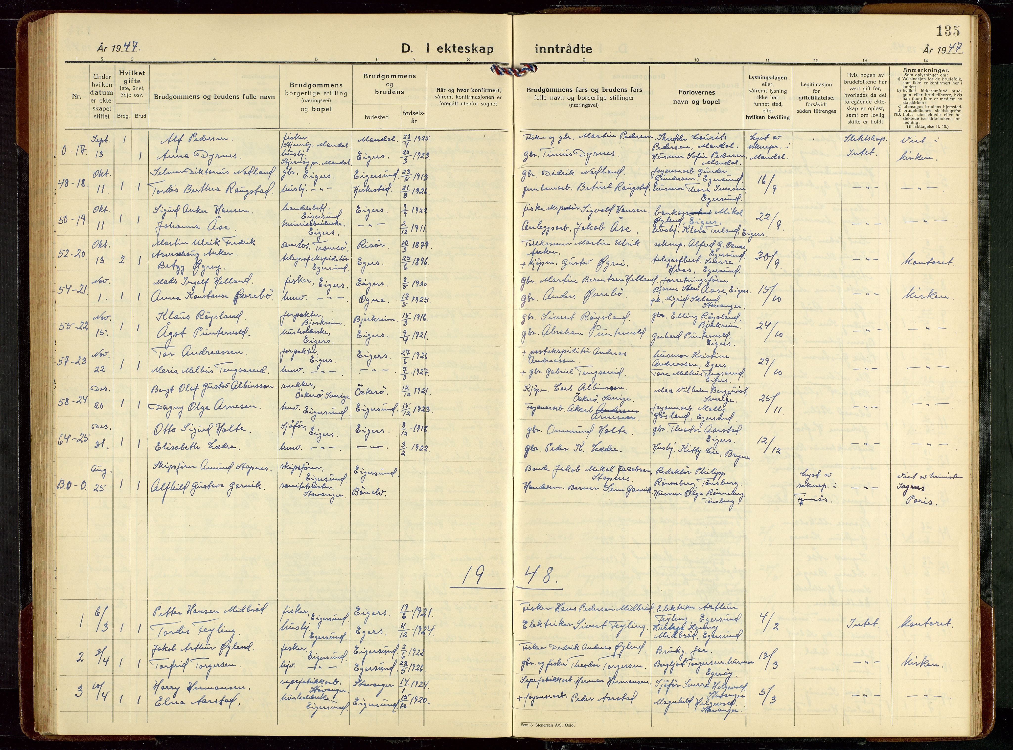 Eigersund sokneprestkontor, SAST/A-101807/S09/L0013: Parish register (copy) no. B 13, 1931-1949, p. 135