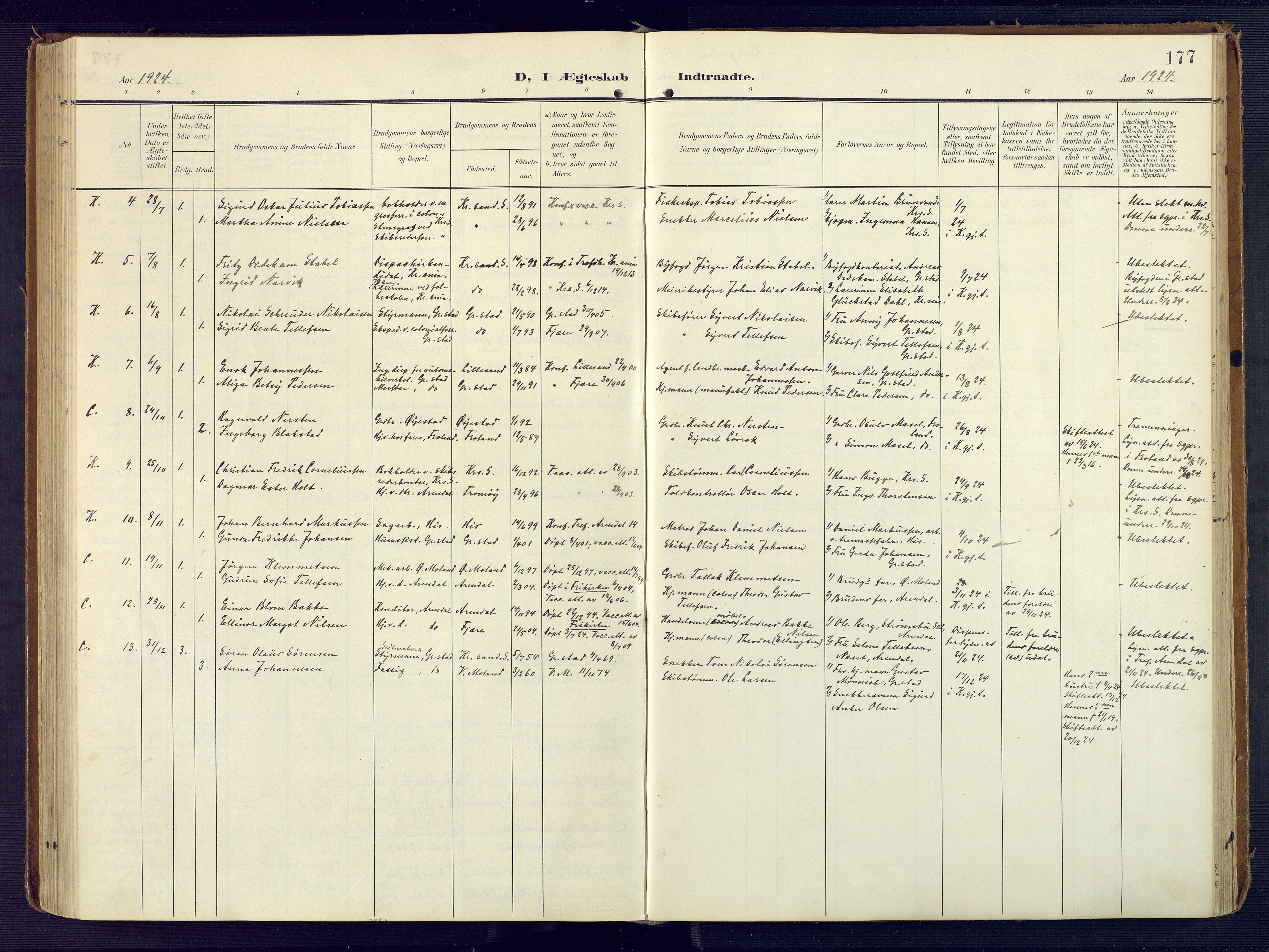 Grimstad sokneprestkontor, SAK/1111-0017/F/Fa/L0005: Parish register (official) no. A 4, 1911-1924, p. 177