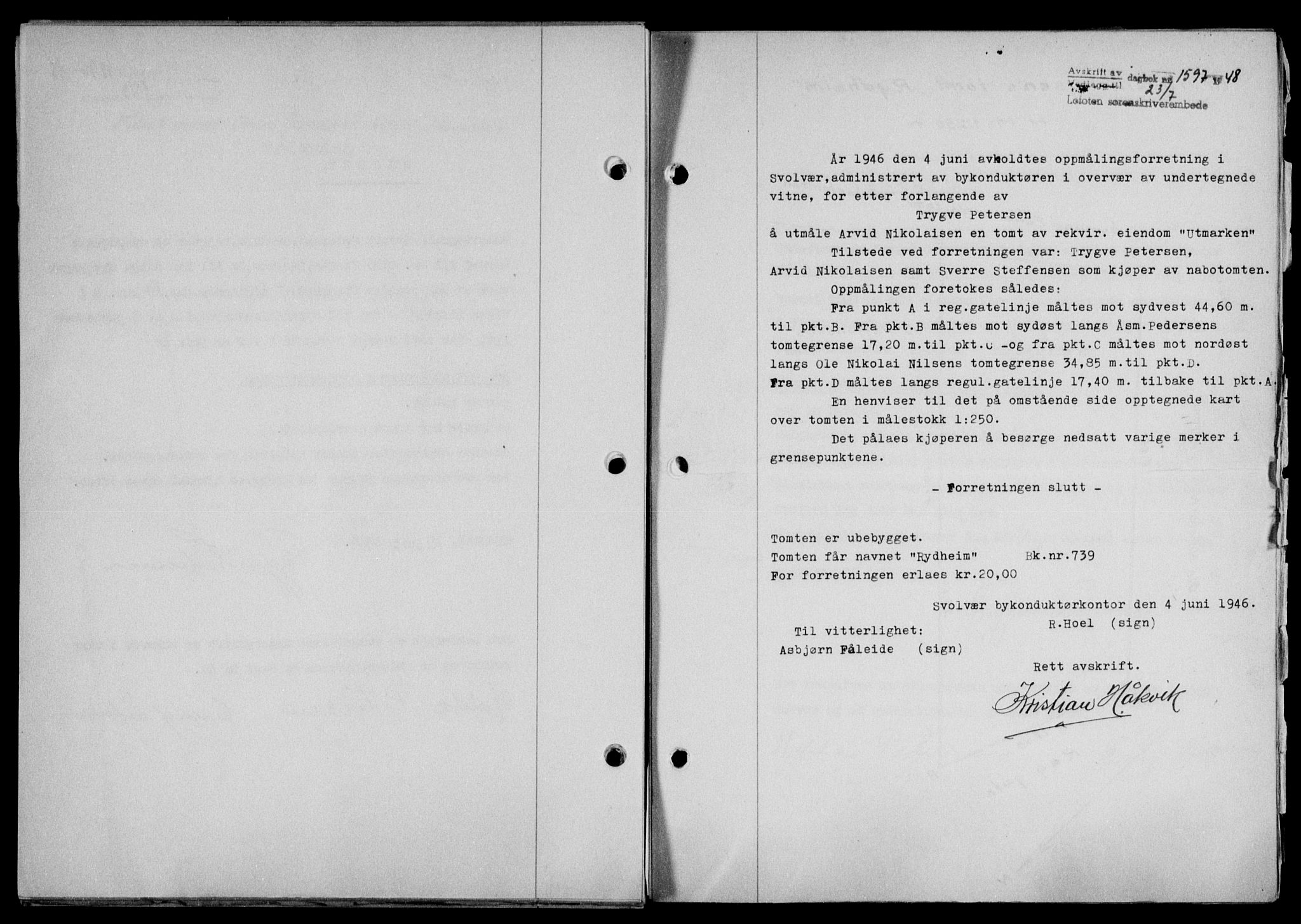 Lofoten sorenskriveri, SAT/A-0017/1/2/2C/L0018a: Mortgage book no. 18a, 1948-1948, Diary no: : 1597/1948