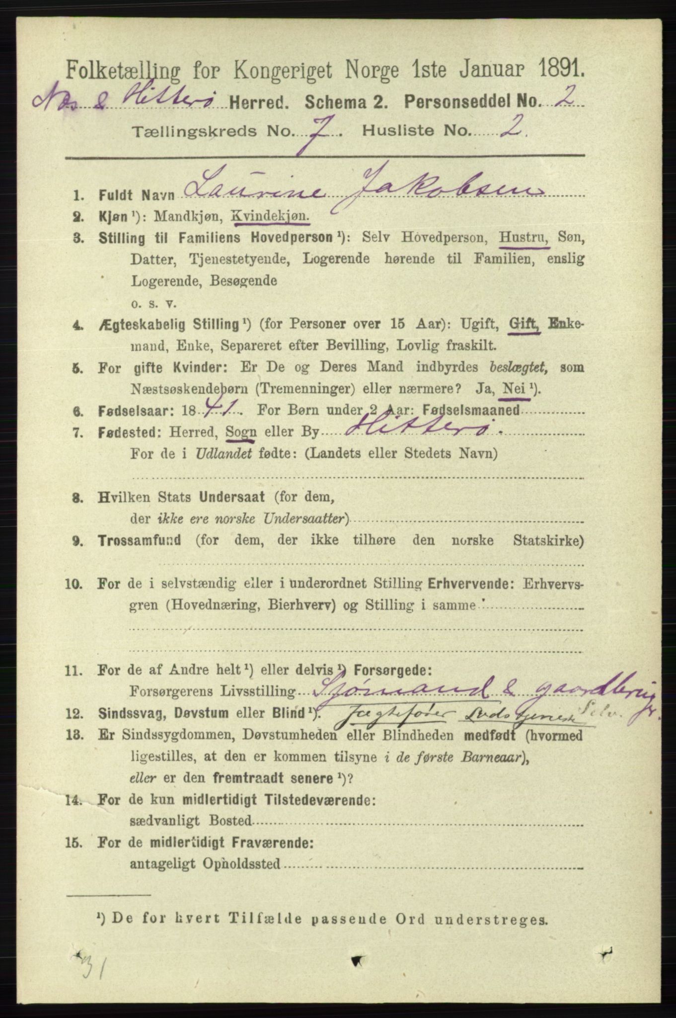 RA, 1891 census for 1043 Hidra og Nes, 1891, p. 2808