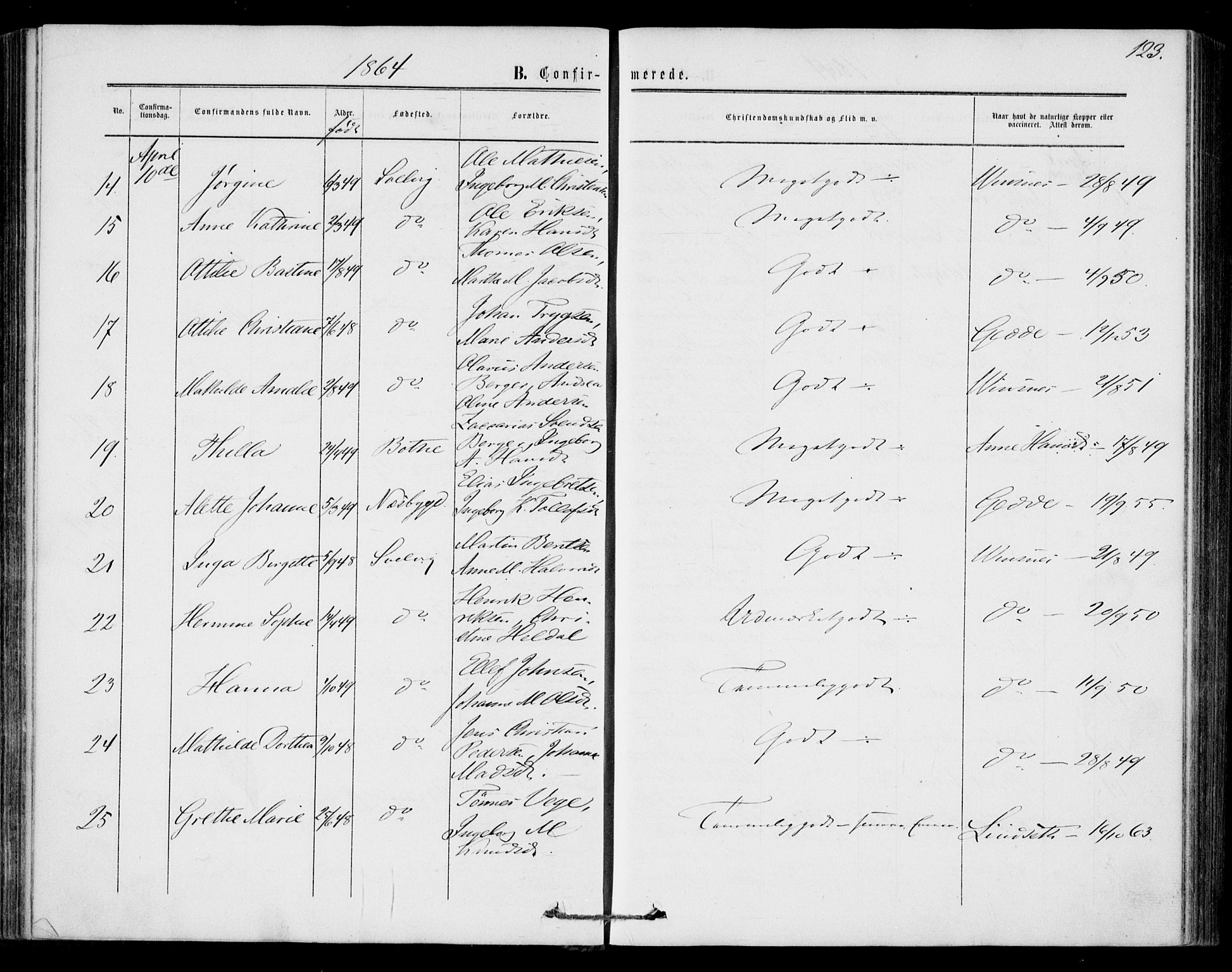 Strømm kirkebøker, SAKO/A-322/F/Fa/L0001: Parish register (official) no. I 1, 1861-1869, p. 123