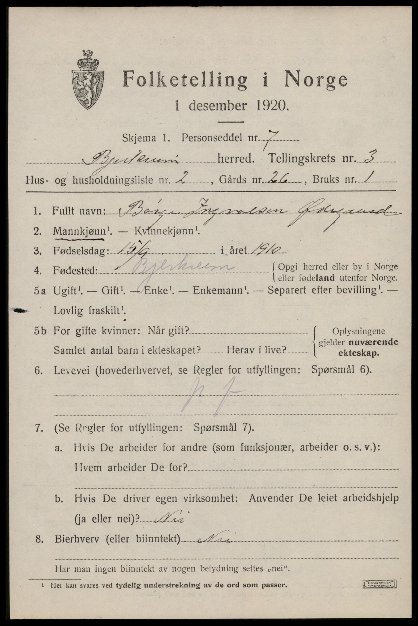 SAST, 1920 census for Bjerkreim, 1920, p. 1642