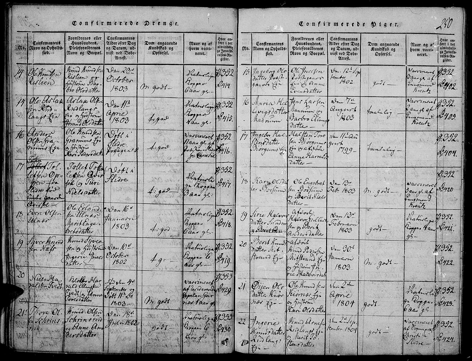 Nord-Aurdal prestekontor, AV/SAH-PREST-132/H/Ha/Haa/L0002: Parish register (official) no. 2, 1816-1828, p. 250