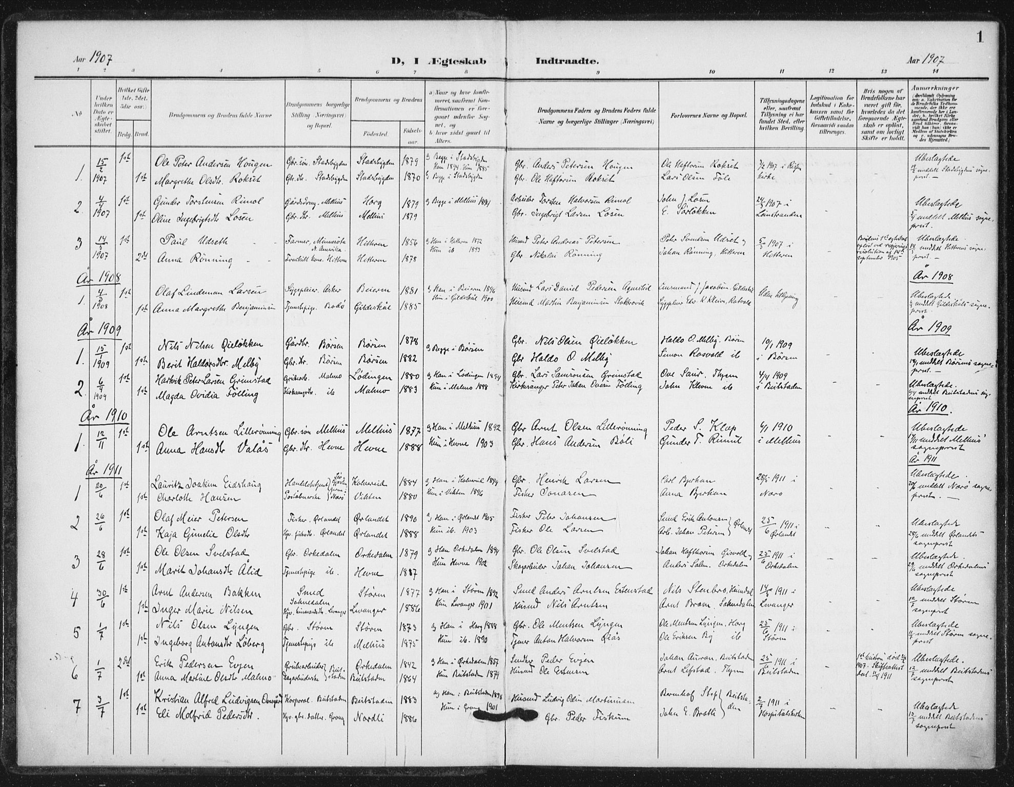 Ministerialprotokoller, klokkerbøker og fødselsregistre - Sør-Trøndelag, SAT/A-1456/623/L0472: Parish register (official) no. 623A06, 1907-1938, p. 1
