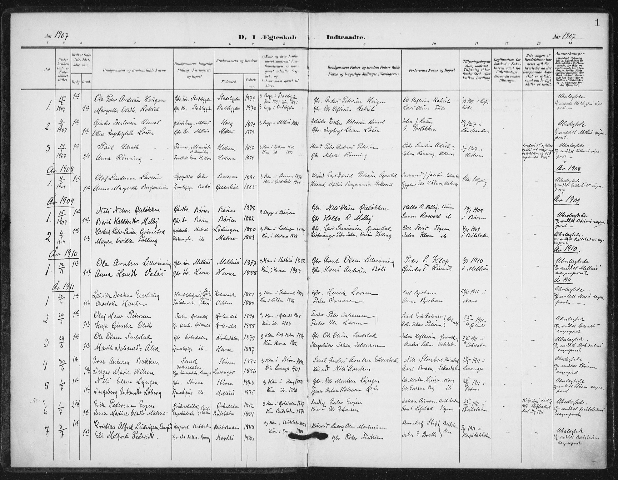 Ministerialprotokoller, klokkerbøker og fødselsregistre - Sør-Trøndelag, AV/SAT-A-1456/623/L0472: Parish register (official) no. 623A06, 1907-1938, p. 1