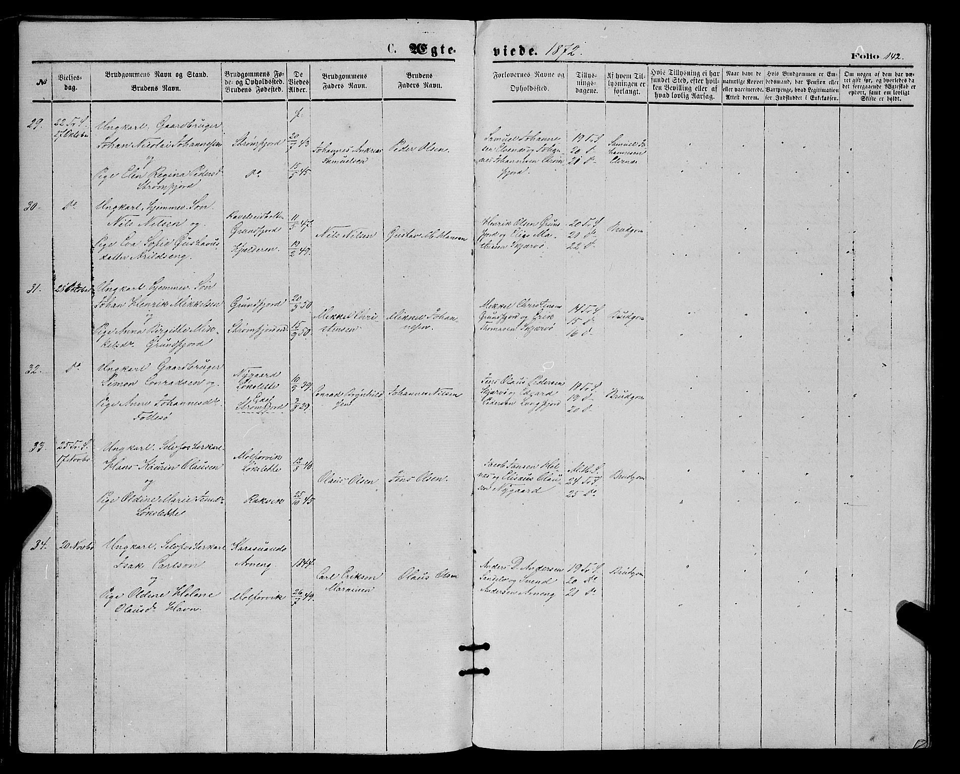 Skjervøy sokneprestkontor, AV/SATØ-S-1300/H/Ha/Haa/L0008kirke: Parish register (official) no. 8, 1871-1877, p. 142