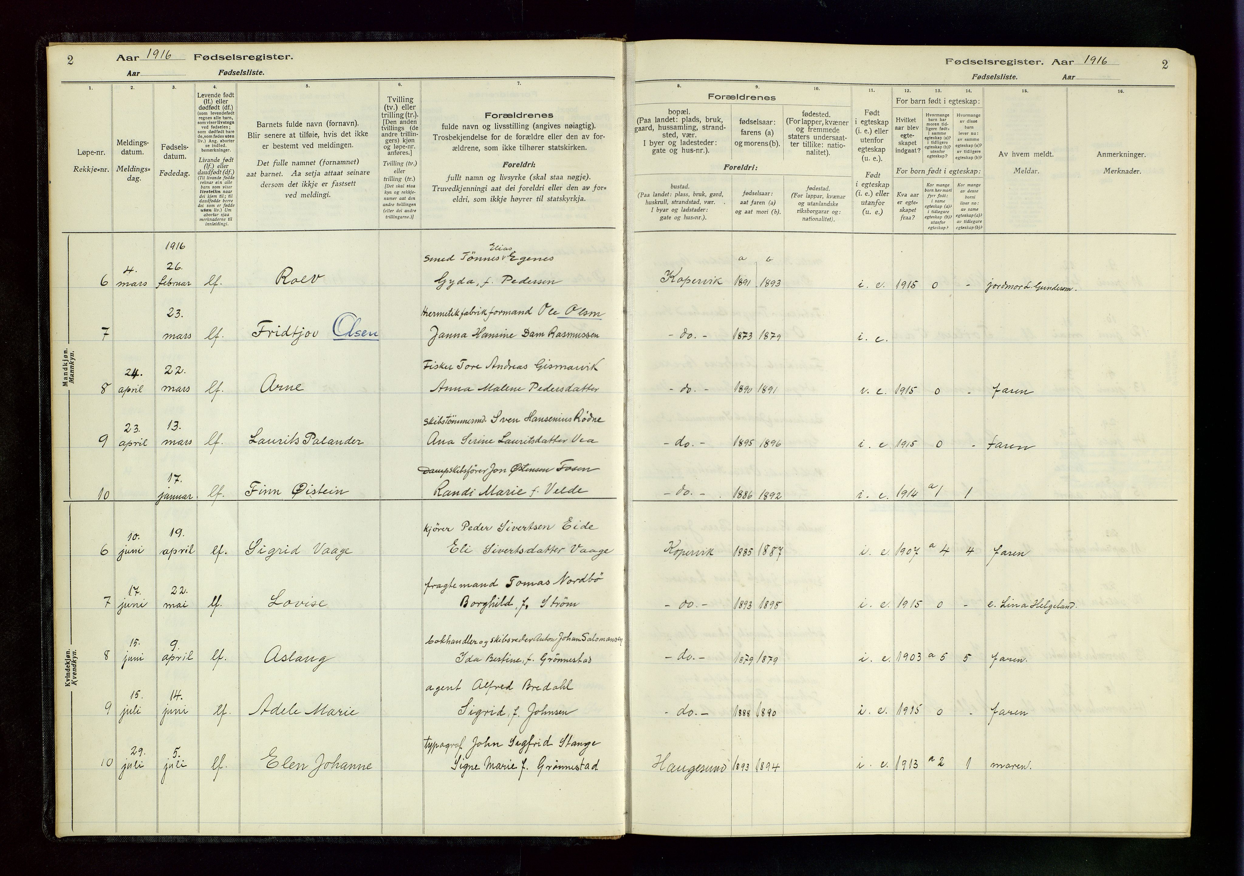 Kopervik sokneprestkontor, AV/SAST-A-101850/I/Id/L0001: Birth register no. 1, 1916-1952, p. 2