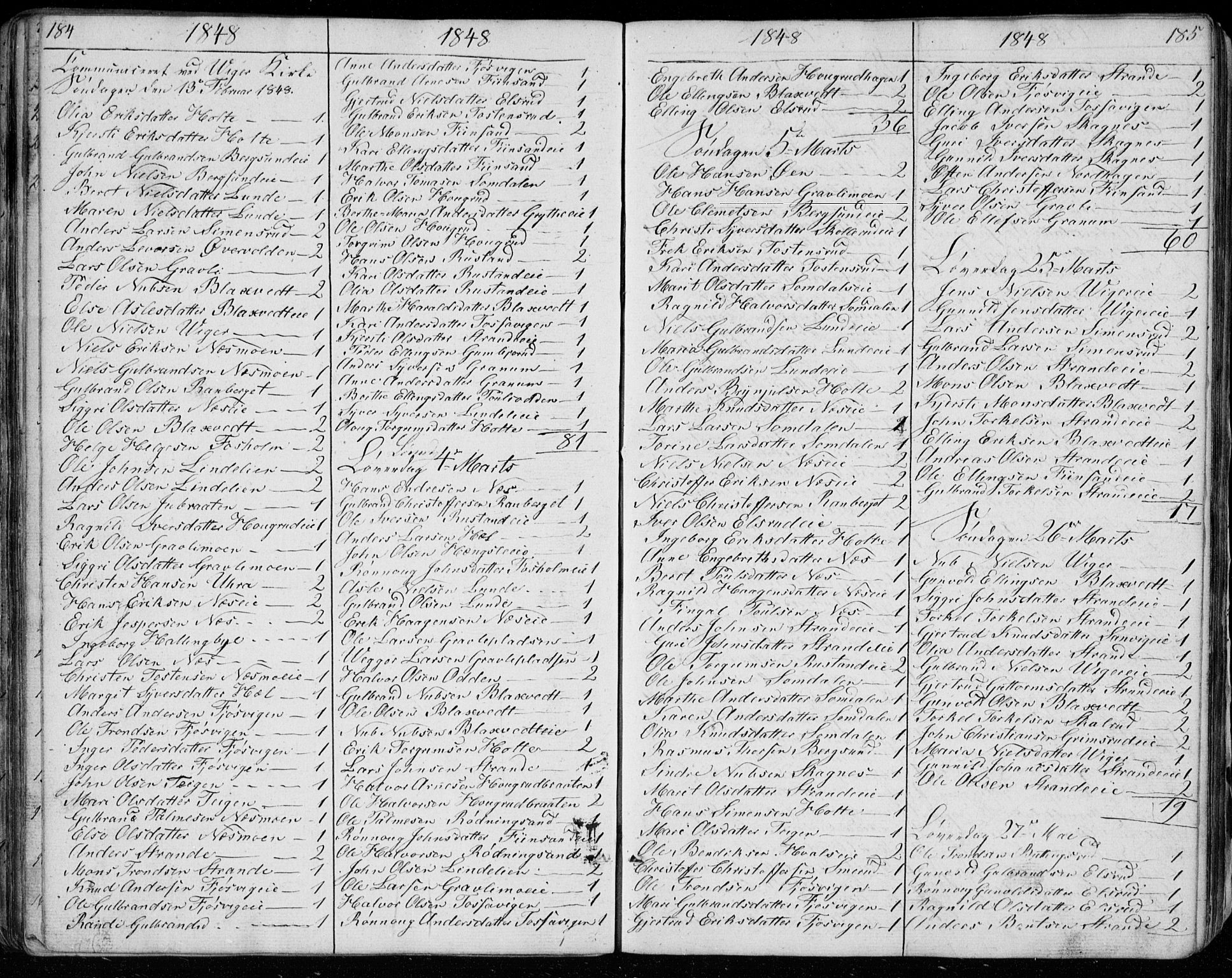 Ådal kirkebøker, SAKO/A-248/G/Ga/L0002: Parish register (copy) no. I 2, 1840-1861, p. 184-185