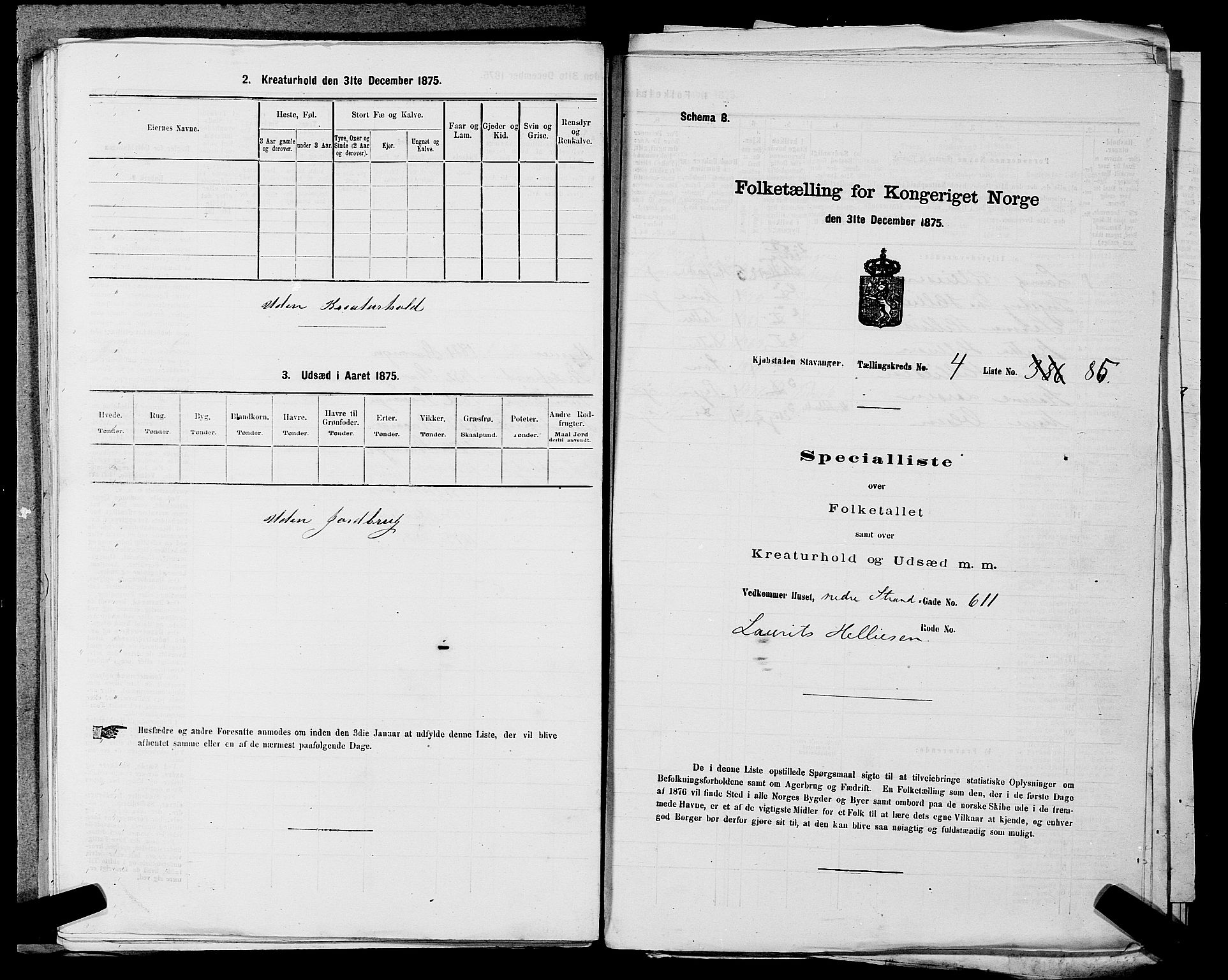 SAST, 1875 census for 1103 Stavanger, 1875, p. 827