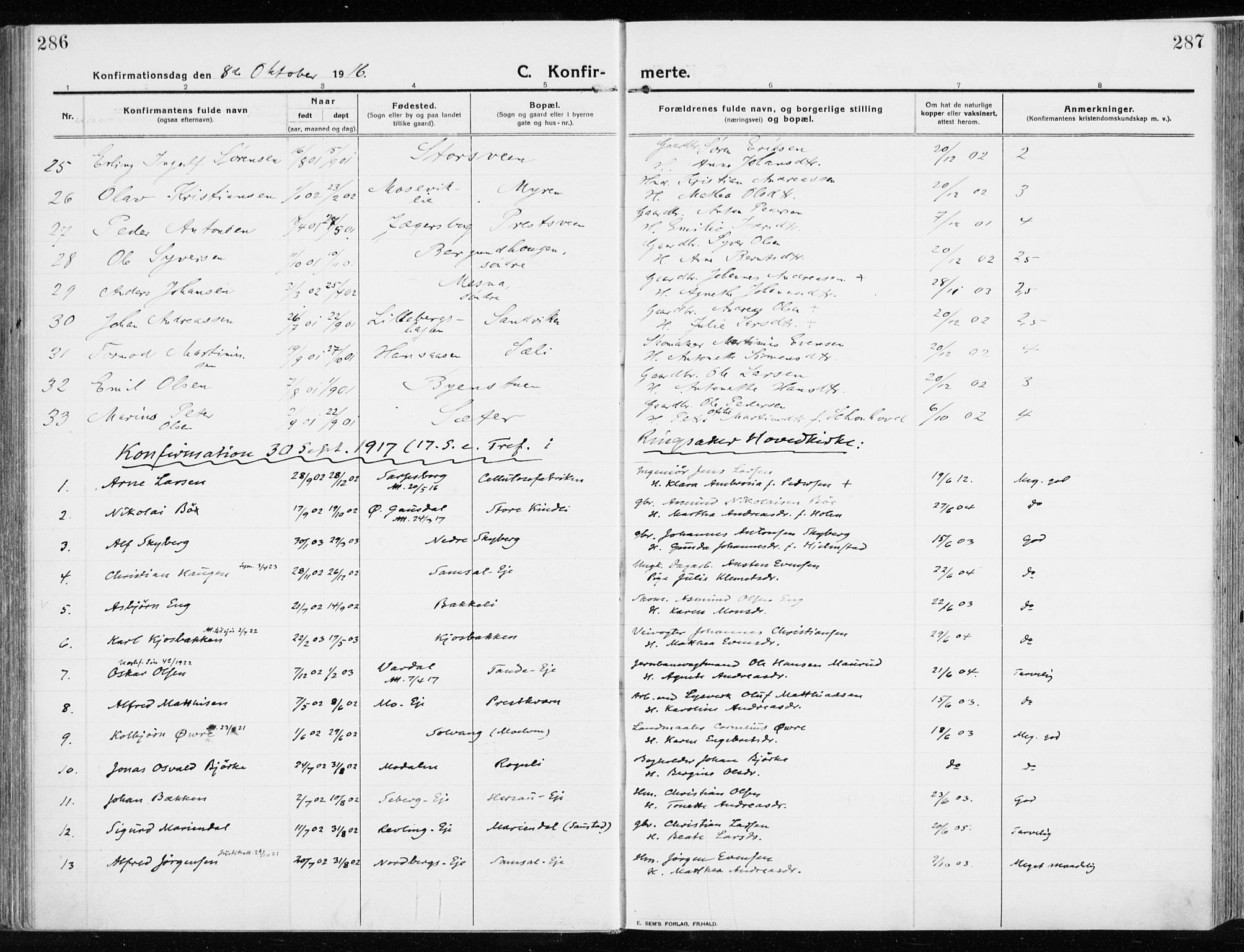 Ringsaker prestekontor, AV/SAH-PREST-014/K/Ka/L0020: Parish register (official) no. 20, 1913-1922, p. 286-287