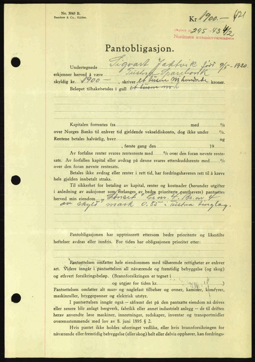 Nordmøre sorenskriveri, AV/SAT-A-4132/1/2/2Ca: Mortgage book no. B90, 1942-1943, Diary no: : 295/1943