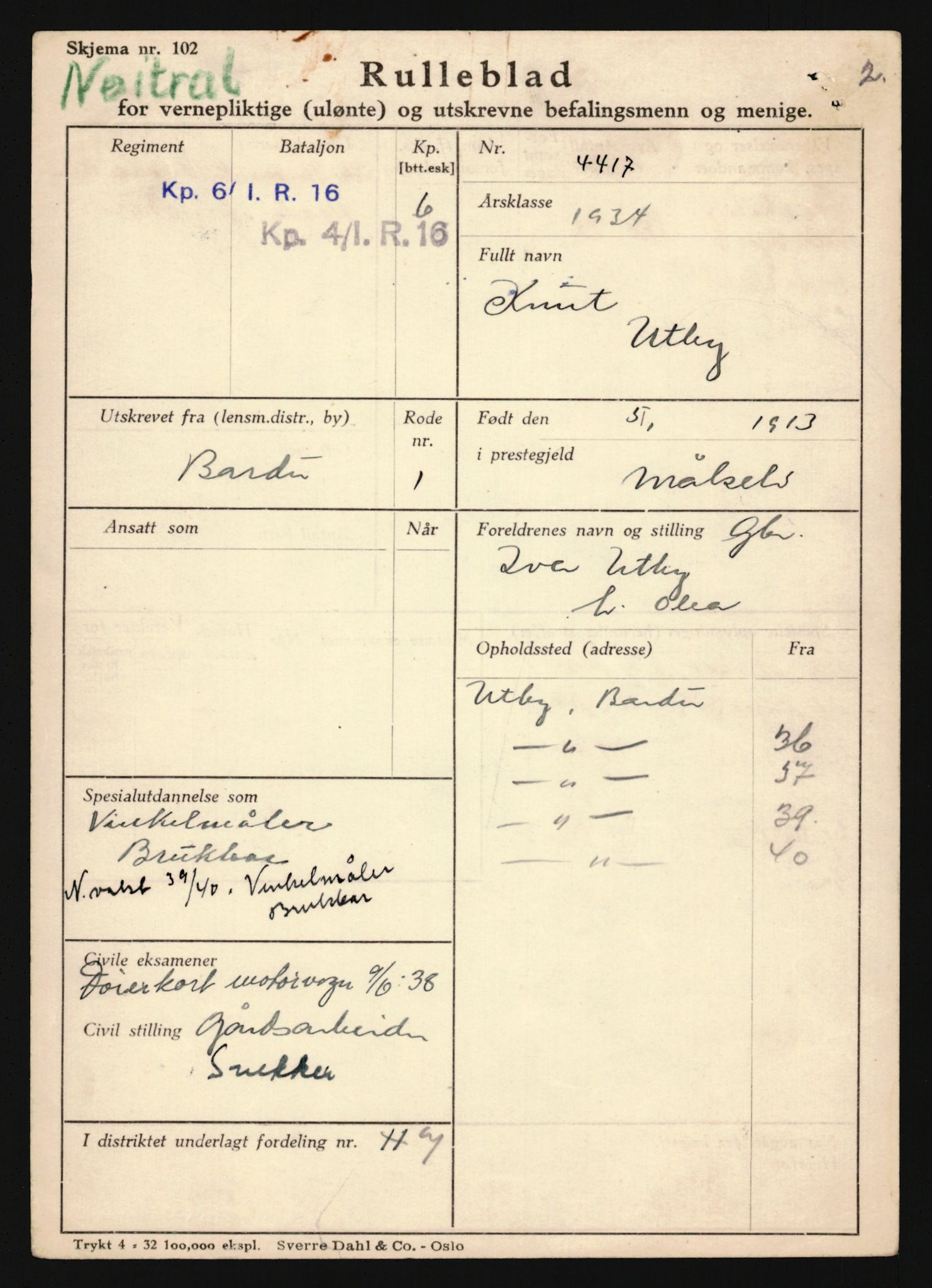 Forsvaret, Troms infanteriregiment nr. 16, AV/RA-RAFA-3146/P/Pa/L0018: Rulleblad for regimentets menige mannskaper, årsklasse 1934, 1934, p. 1245