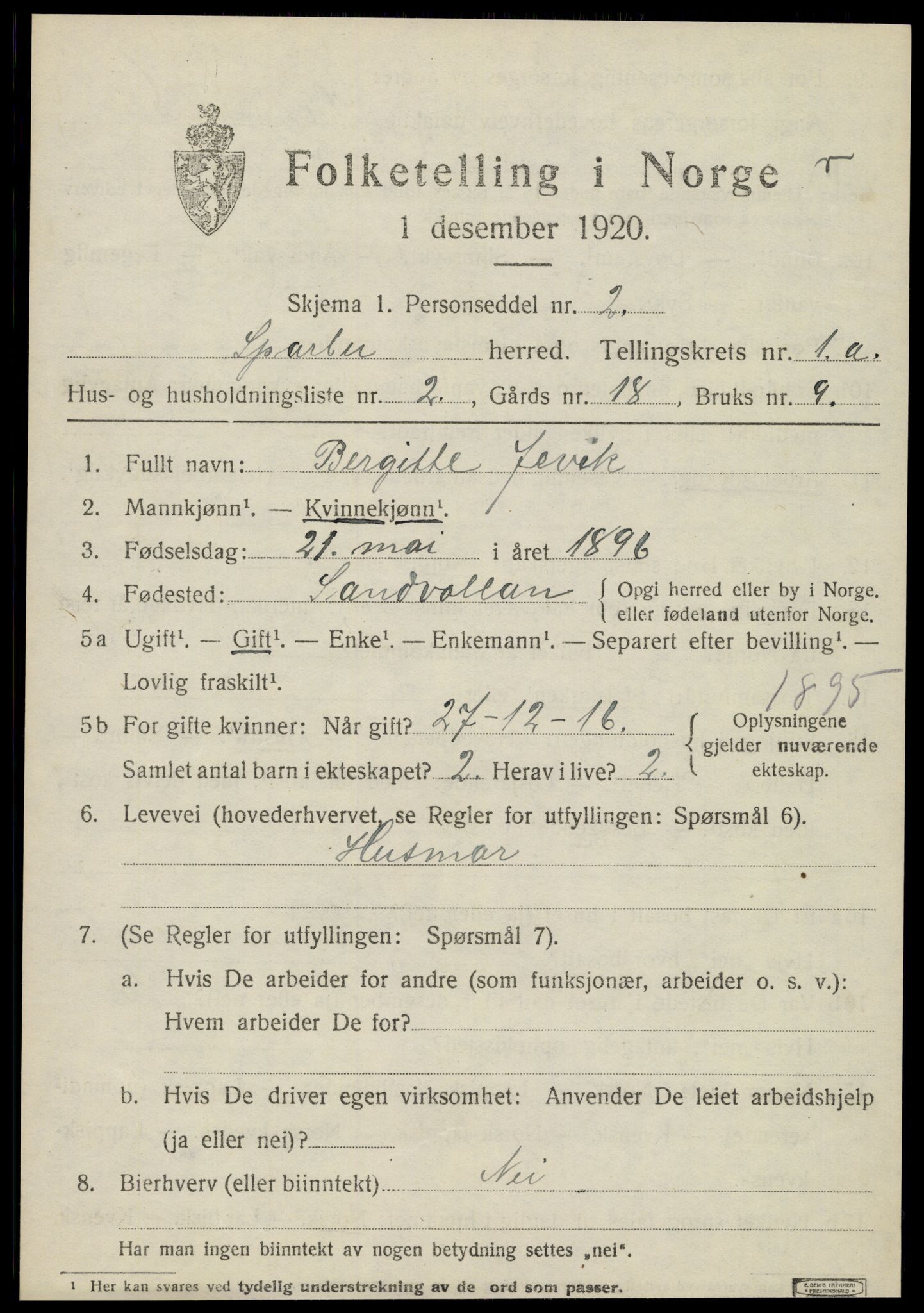 SAT, 1920 census for Sparbu, 1920, p. 1013