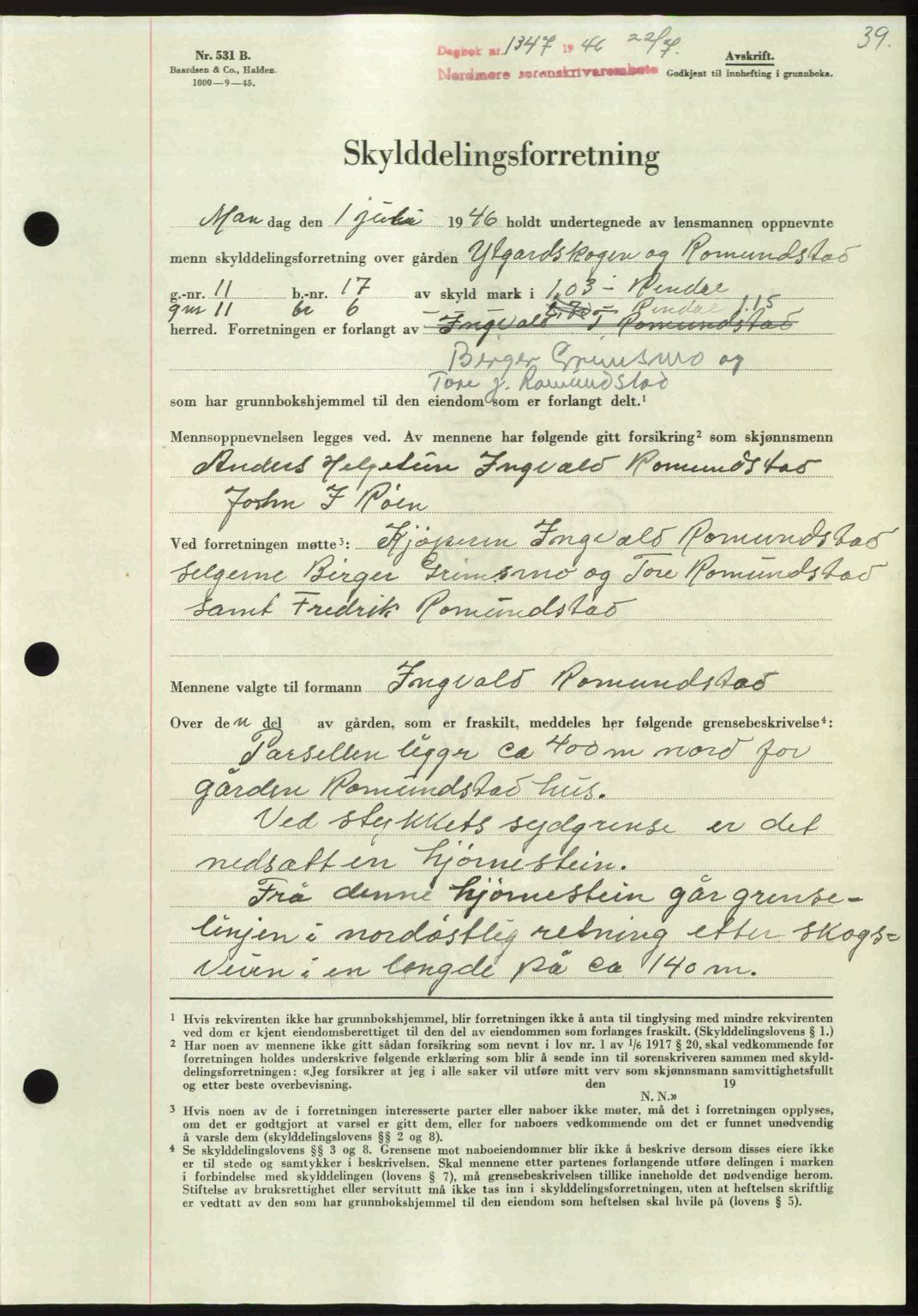 Nordmøre sorenskriveri, AV/SAT-A-4132/1/2/2Ca: Mortgage book no. A102, 1946-1946, Diary no: : 1347/1946