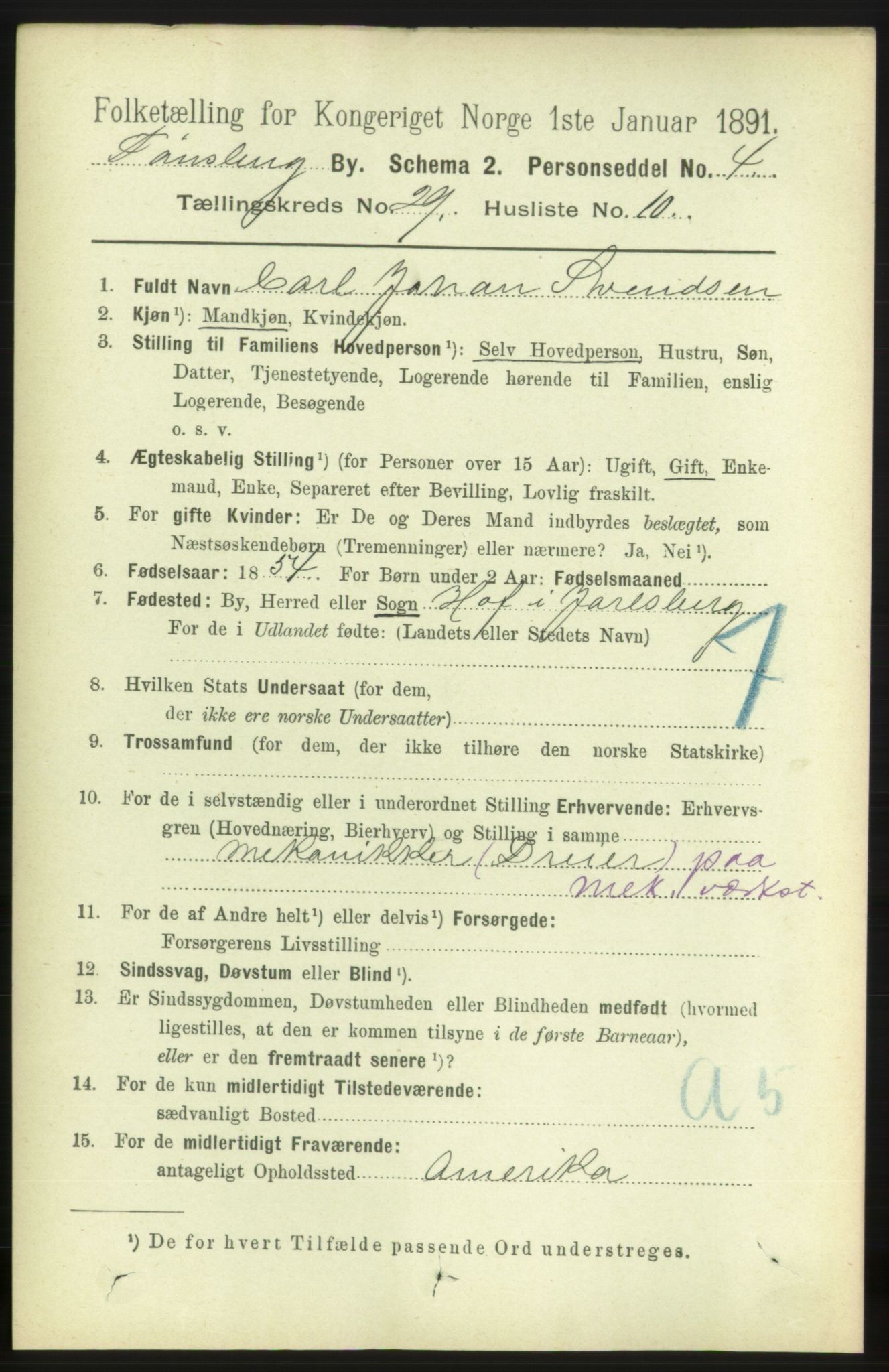 RA, 1891 census for 0705 Tønsberg, 1891, p. 7200