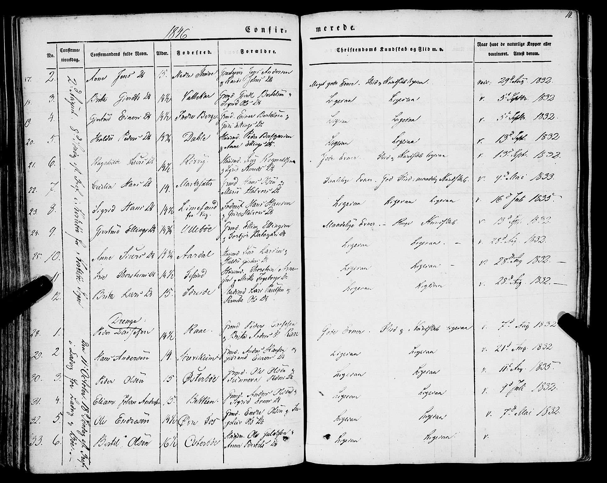 Lavik sokneprestembete, AV/SAB-A-80901: Parish register (official) no. A 3, 1843-1863, p. 14