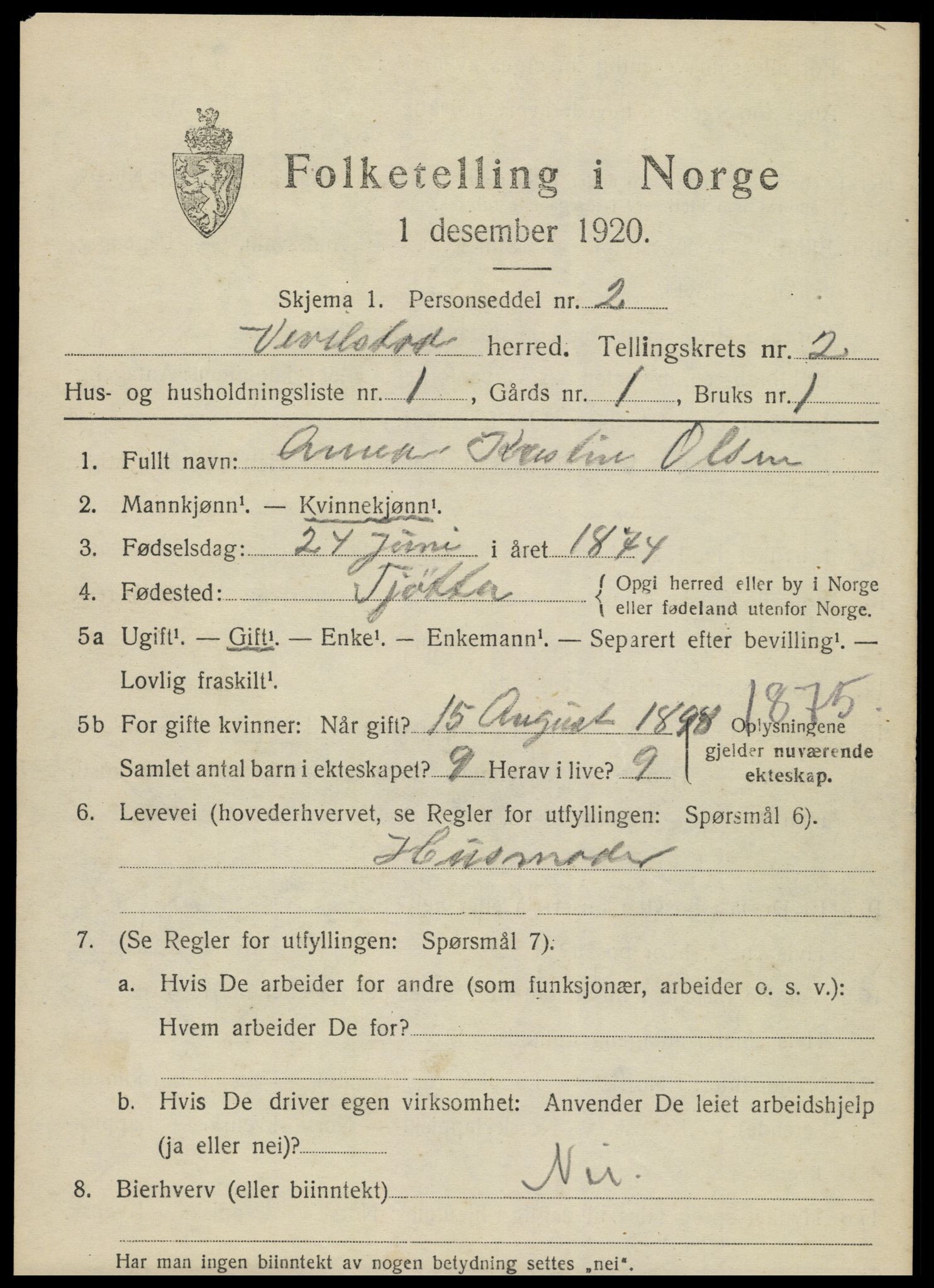 SAT, 1920 census for Vevelstad, 1920, p. 1402