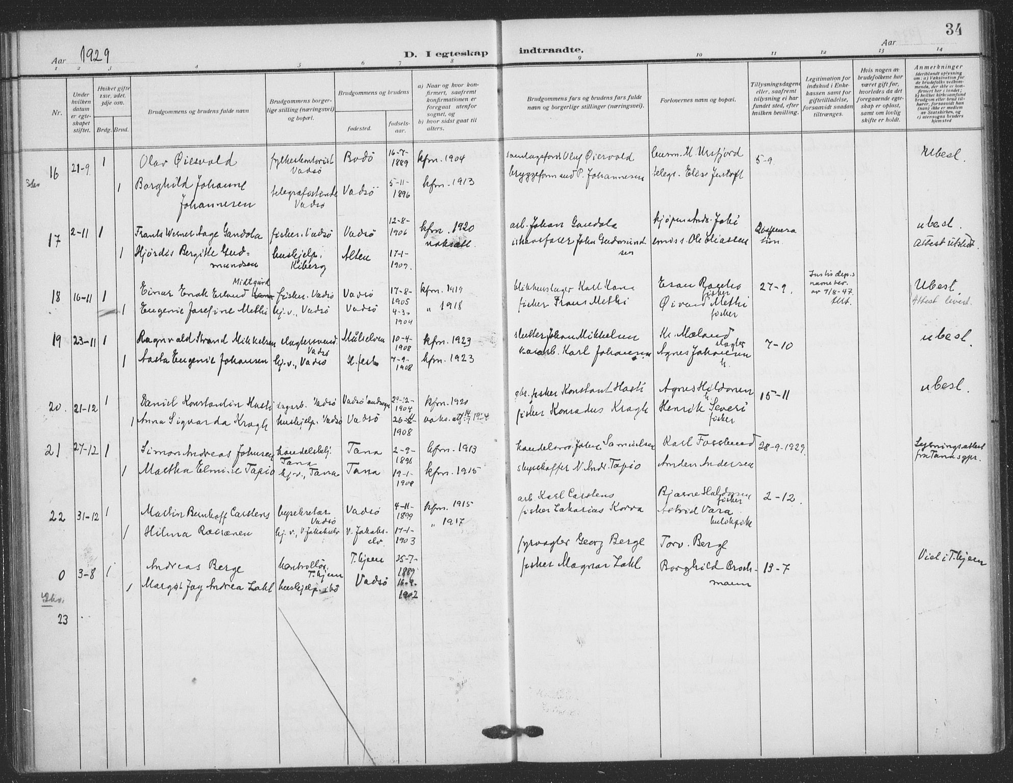 Vadsø sokneprestkontor, AV/SATØ-S-1325/H/Ha/L0008kirke: Parish register (official) no. 8, 1912-1930, p. 34