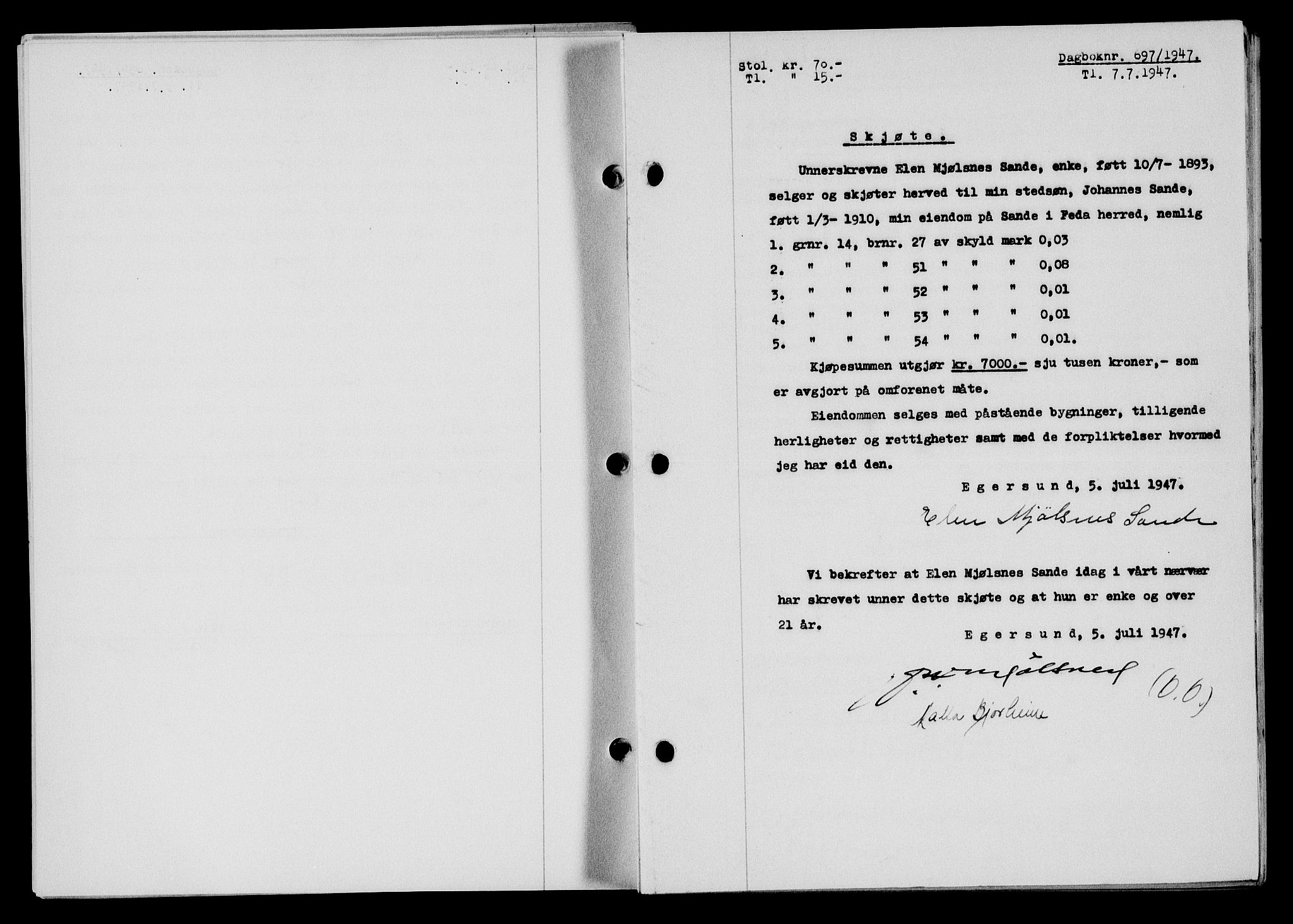 Flekkefjord sorenskriveri, SAK/1221-0001/G/Gb/Gba/L0062: Mortgage book no. A-10, 1947-1947, Diary no: : 697/1947