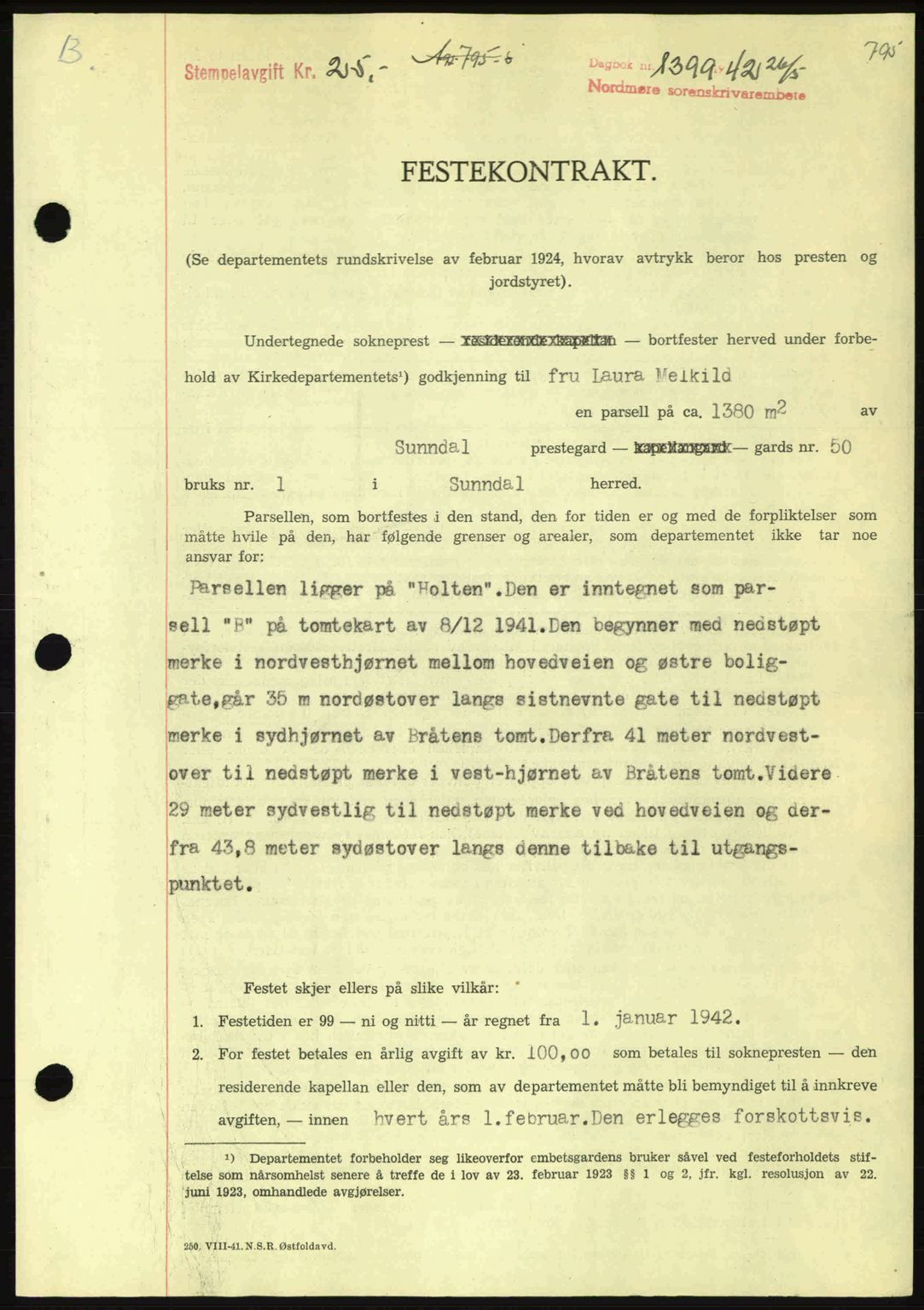 Nordmøre sorenskriveri, AV/SAT-A-4132/1/2/2Ca: Mortgage book no. A92, 1942-1942, Diary no: : 1399/1942