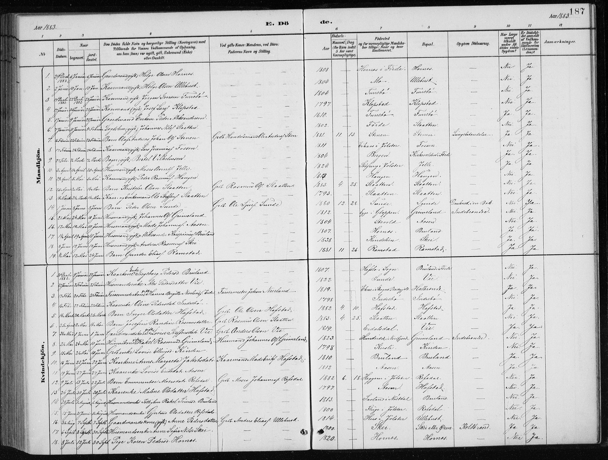 Førde sokneprestembete, AV/SAB-A-79901/H/Hab/Haba/L0002: Parish register (copy) no. A 2, 1881-1898, p. 187