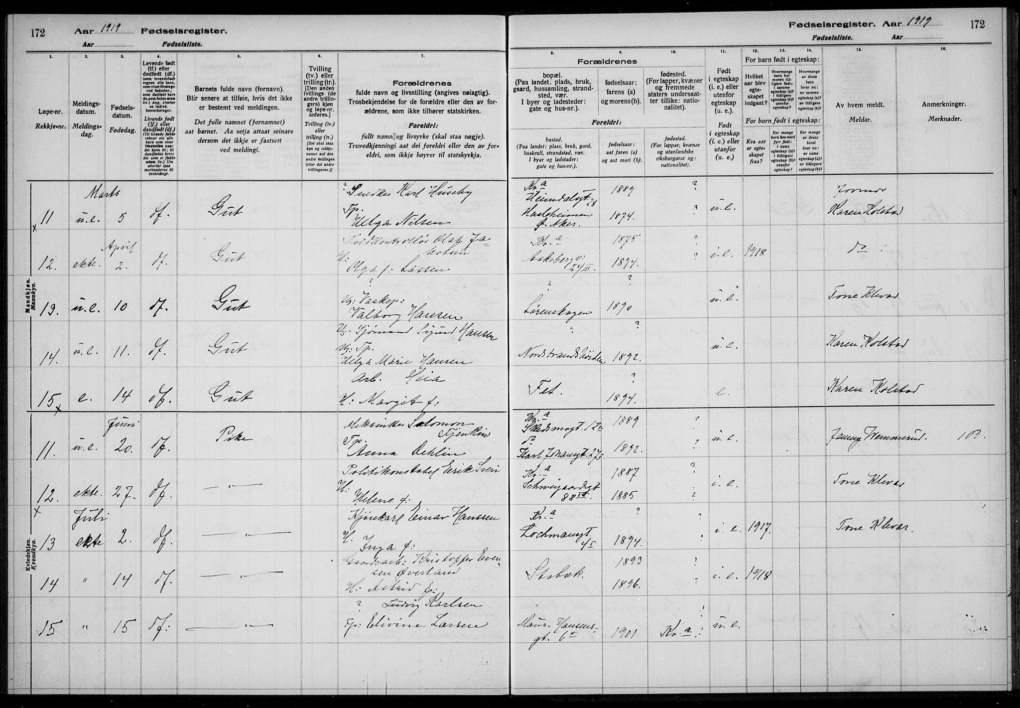 Rikshospitalet prestekontor Kirkebøker, AV/SAO-A-10309b/J/L0004: Birth register no. 4, 1919-1919, p. 172