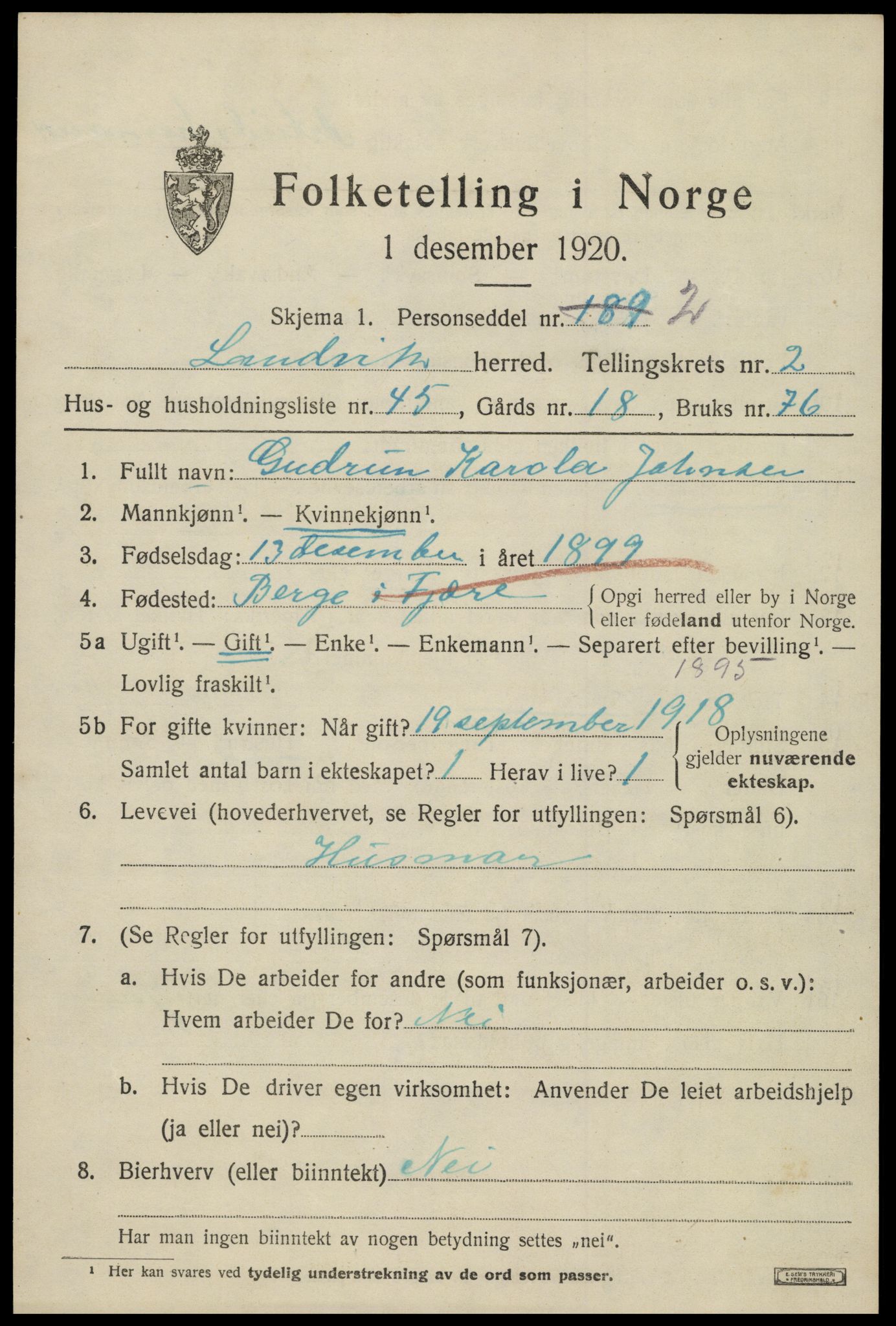 SAK, 1920 census for Landvik, 1920, p. 2144