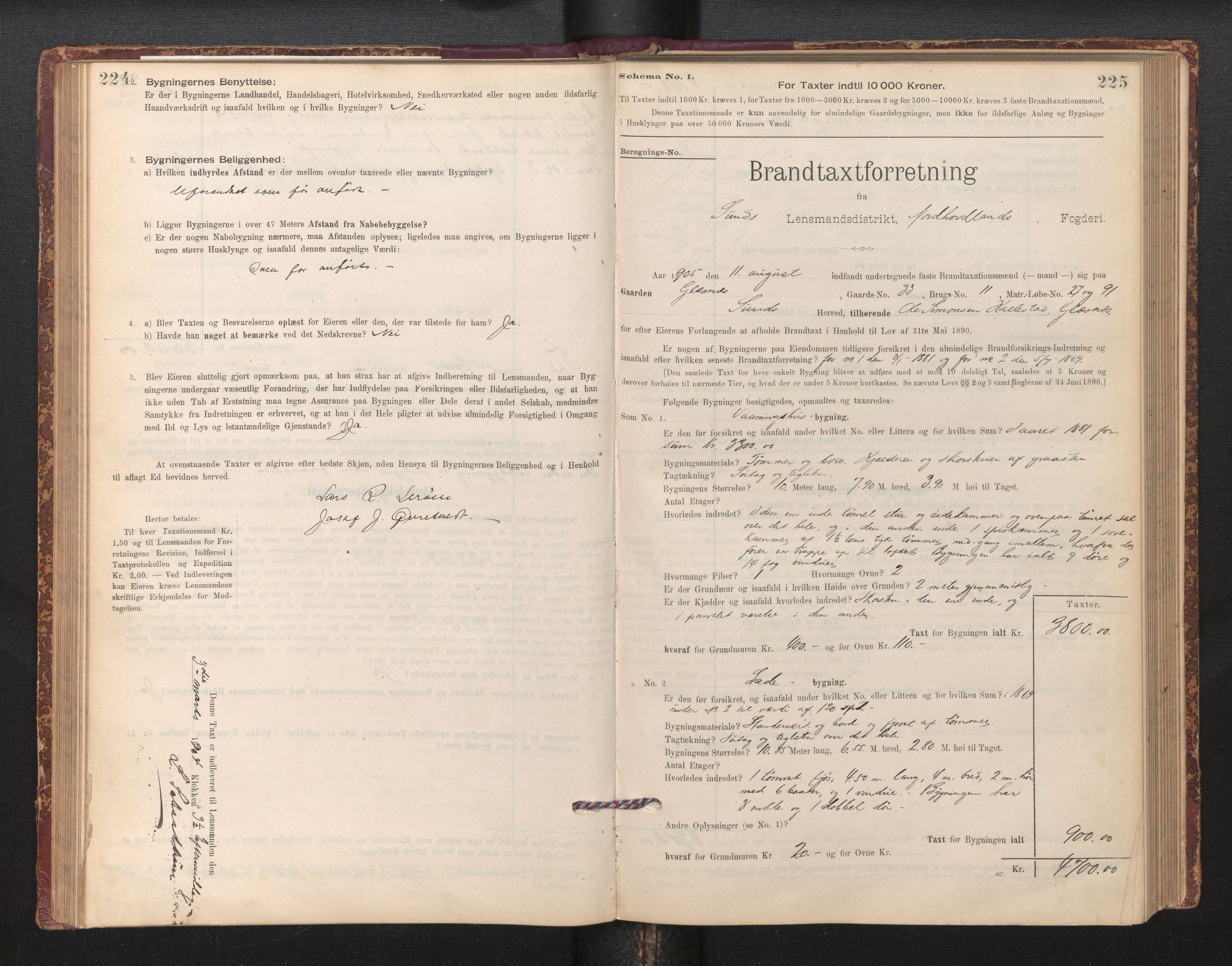 Lensmannen i Sund og Austevoll, SAB/A-35201/0012/L0003: Branntakstprotokoll, skjematakst, 1894-1917, p. 224-225