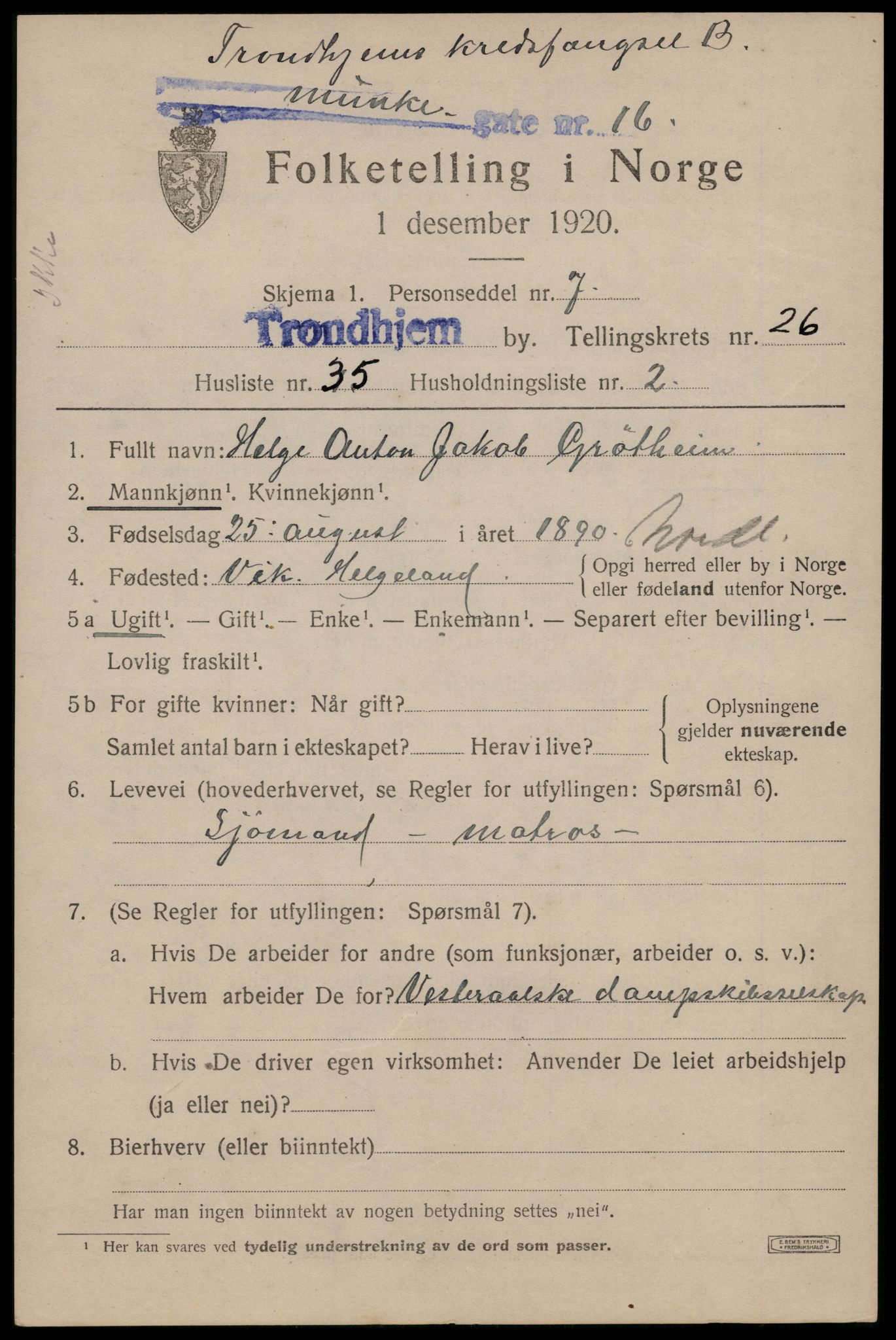 SAT, 1920 census for Trondheim, 1920, p. 69184