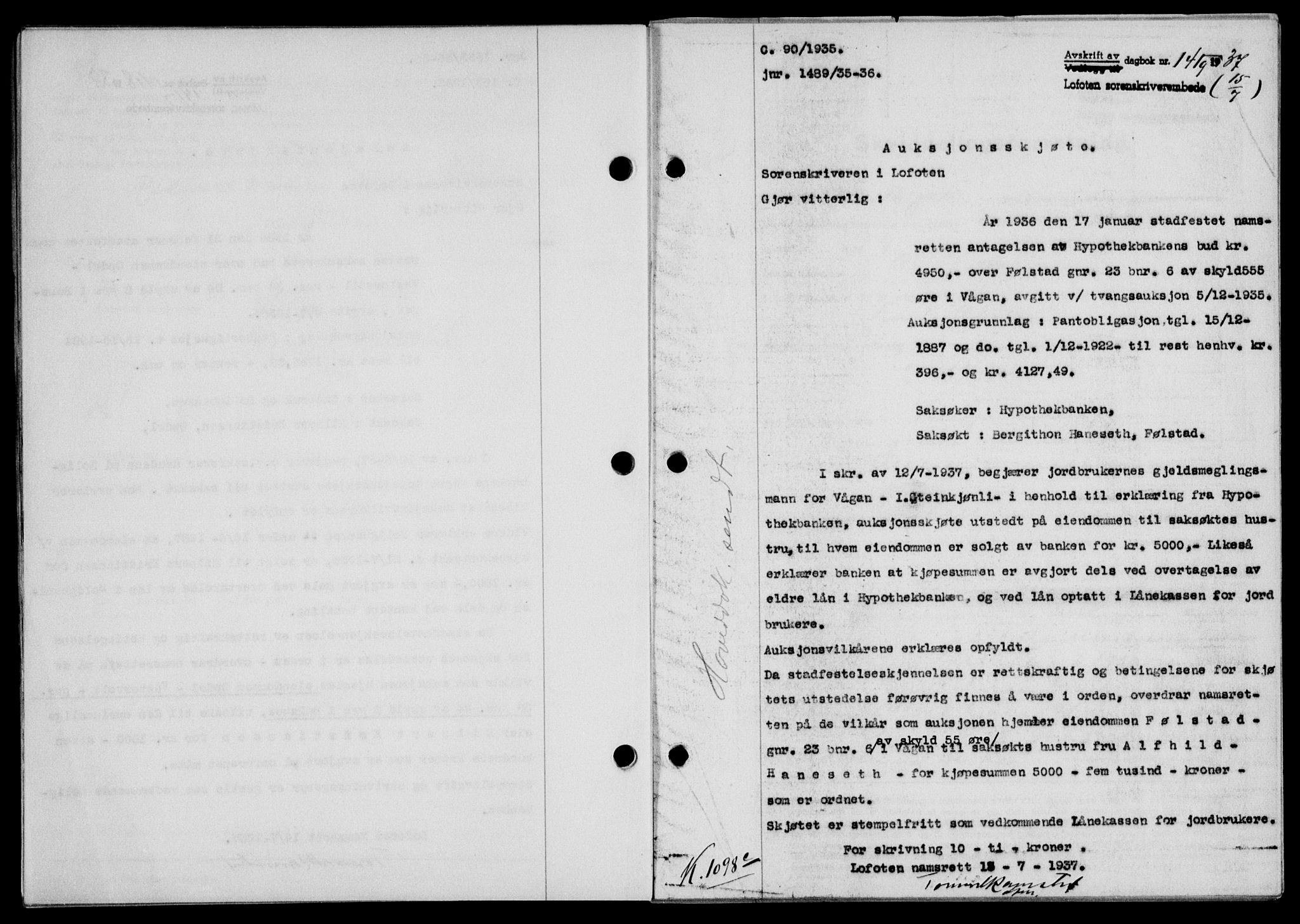 Lofoten sorenskriveri, SAT/A-0017/1/2/2C/L0002a: Mortgage book no. 2a, 1937-1937, Diary no: : 1419/1937