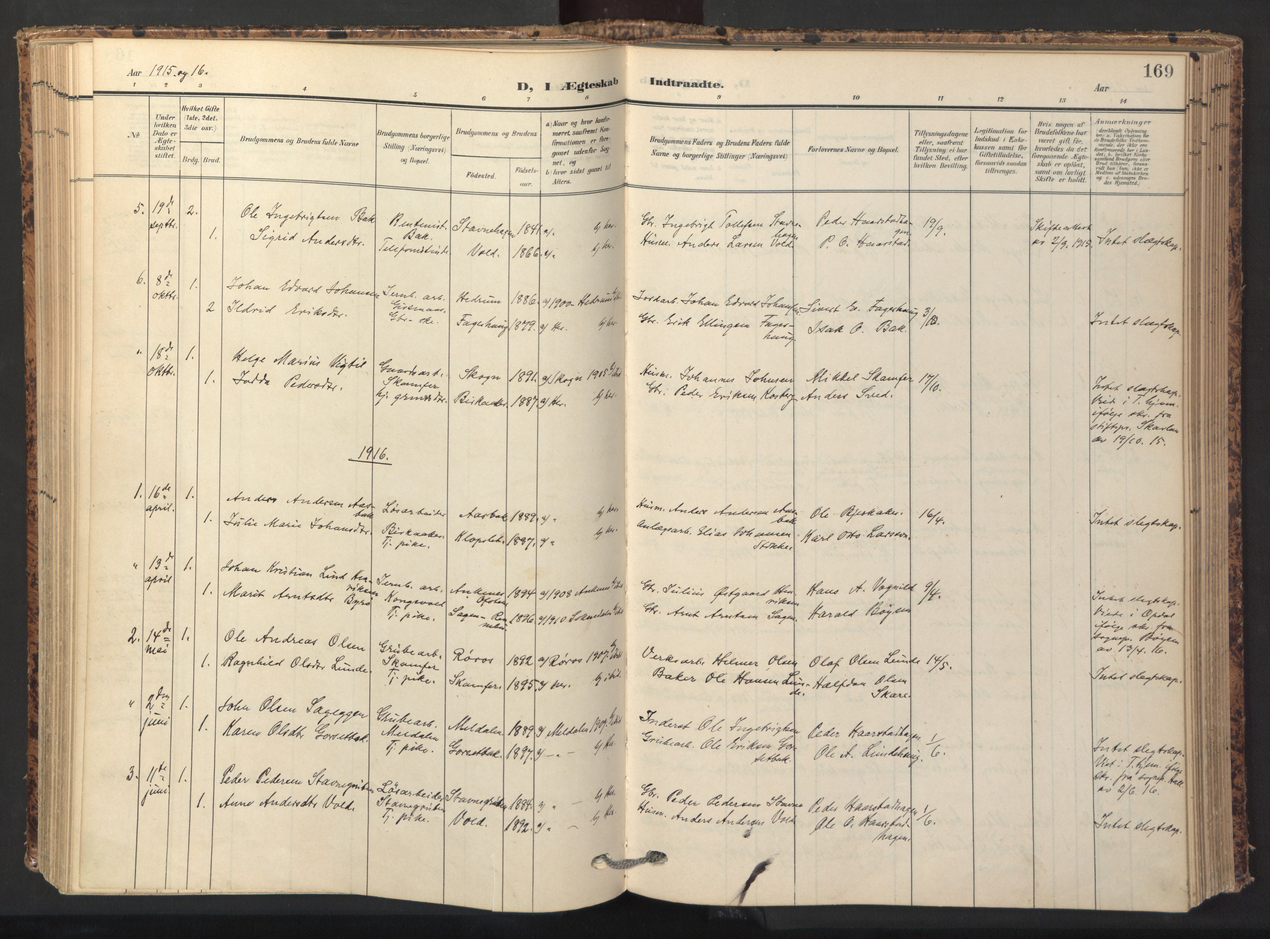 Ministerialprotokoller, klokkerbøker og fødselsregistre - Sør-Trøndelag, SAT/A-1456/674/L0873: Parish register (official) no. 674A05, 1908-1923, p. 169
