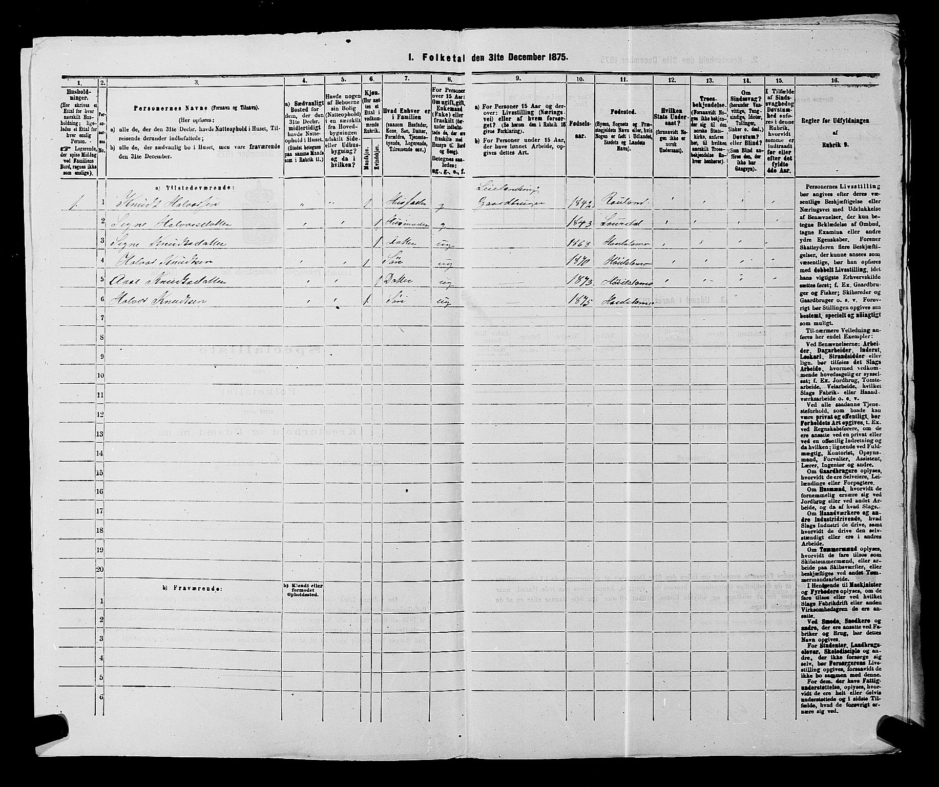 SAKO, 1875 census for 0833P Lårdal, 1875, p. 496