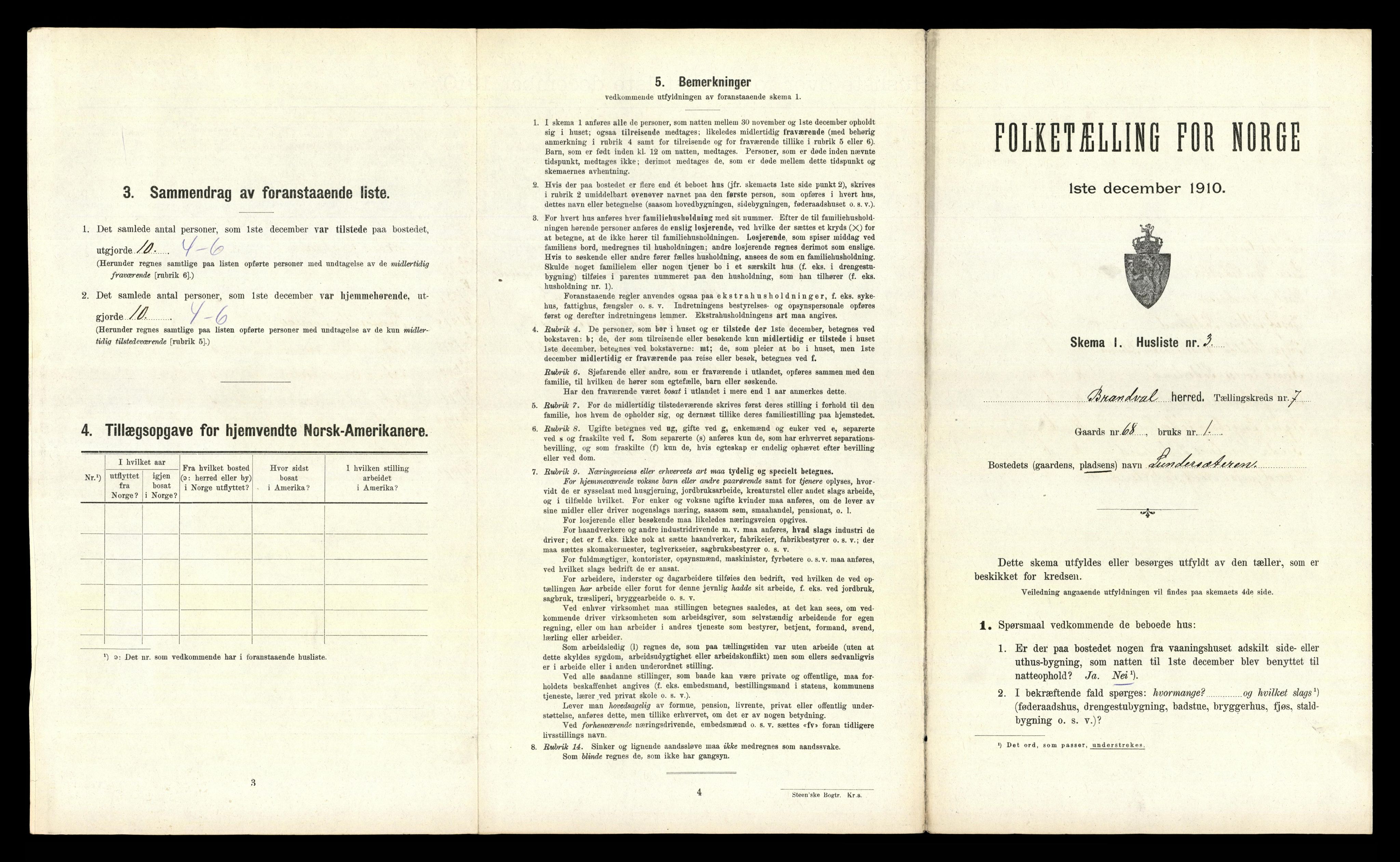 RA, 1910 census for Brandval, 1910, p. 999