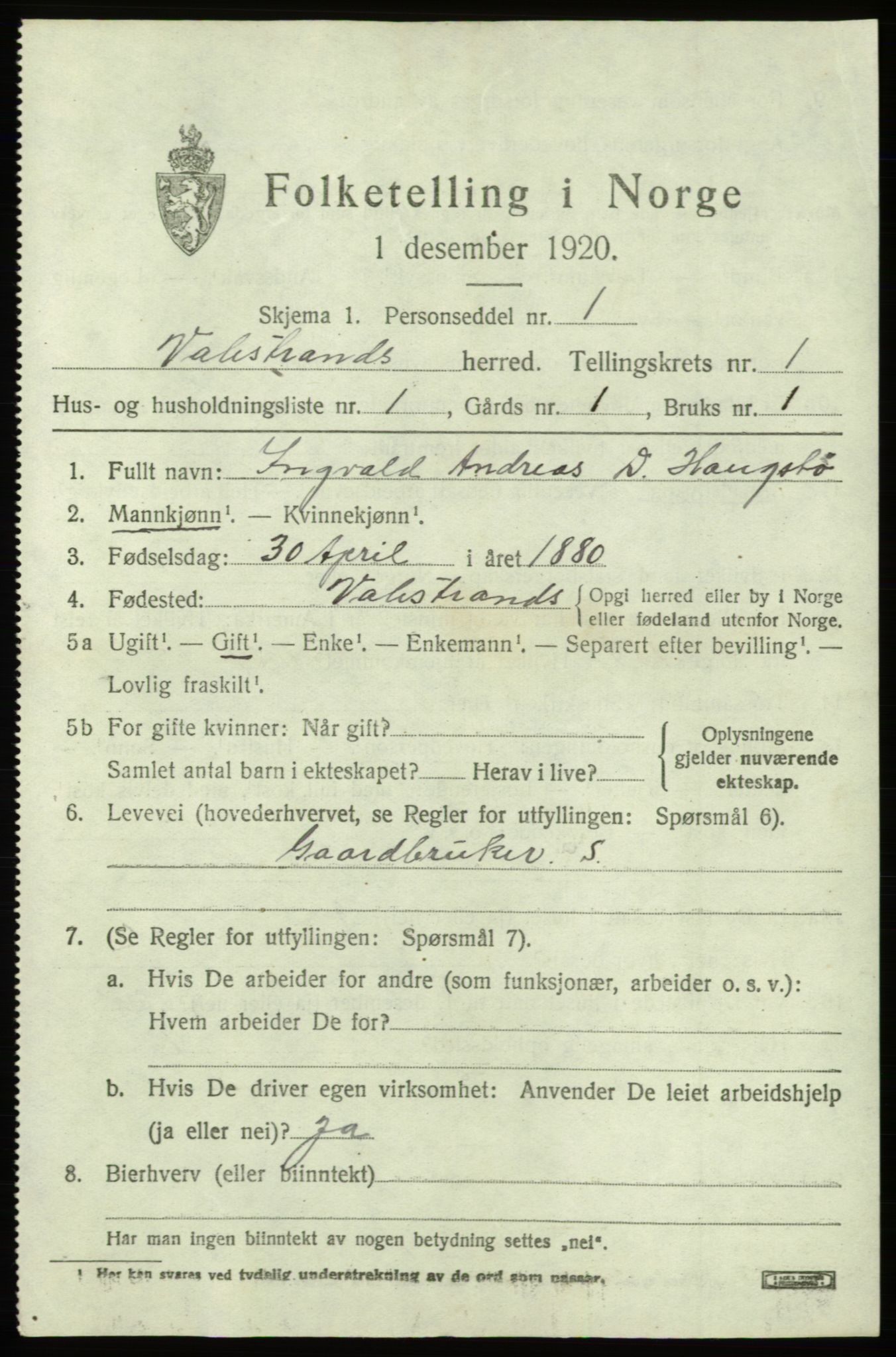 SAB, 1920 census for Valestrand, 1920, p. 467