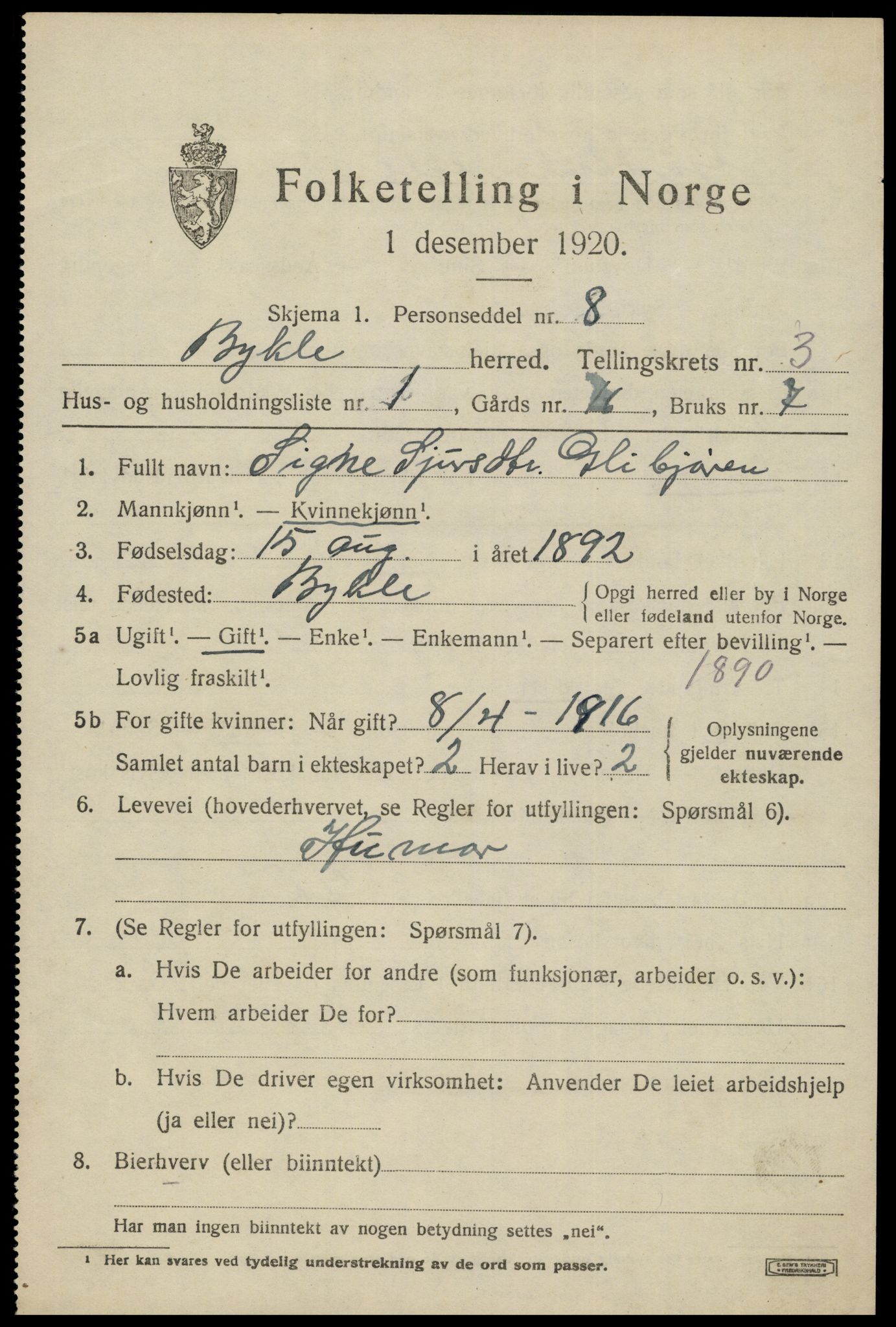 SAK, 1920 census for Bykle, 1920, p. 1037