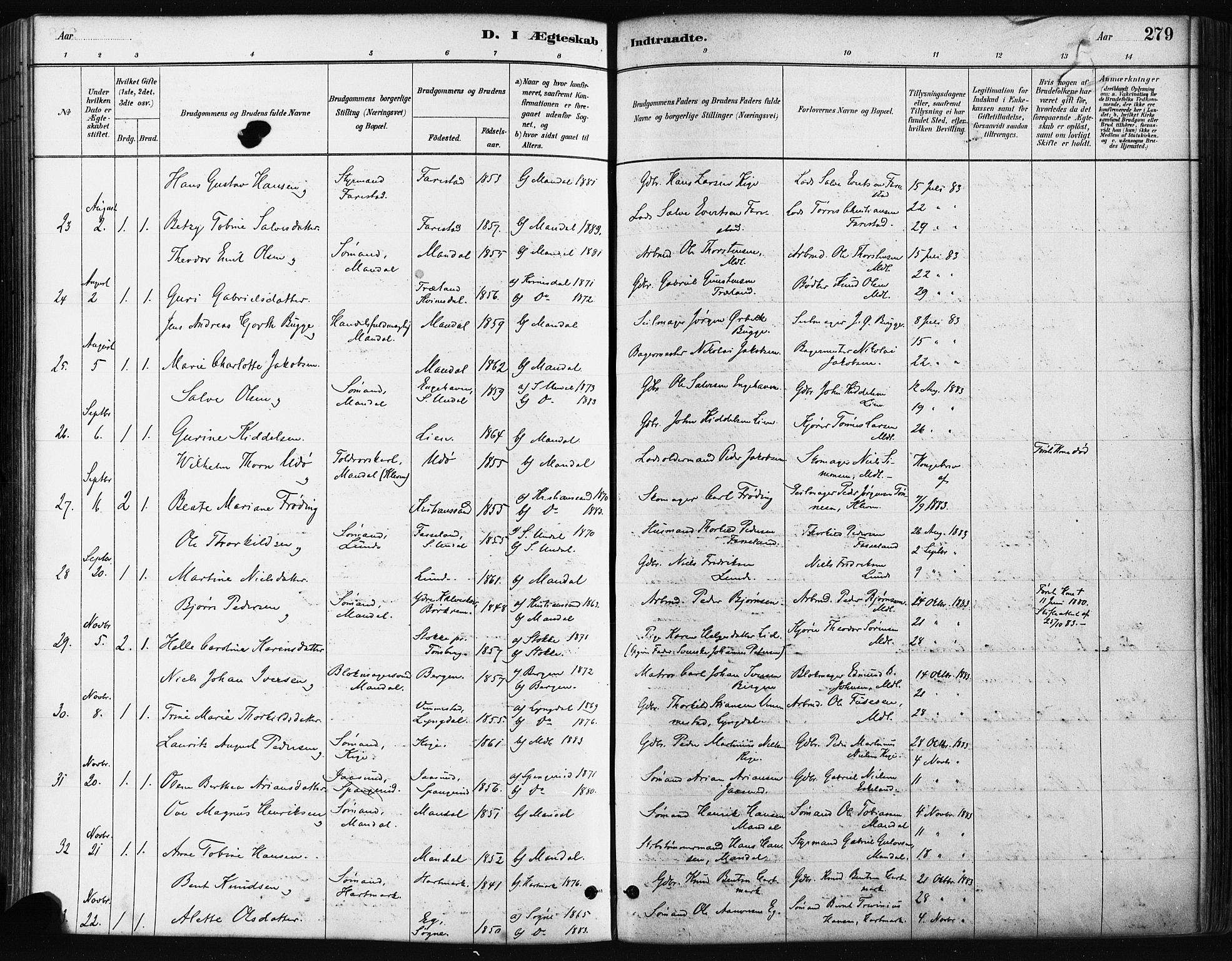 Mandal sokneprestkontor, AV/SAK-1111-0030/F/Fa/Faa/L0016: Parish register (official) no. A 16, 1880-1890, p. 279