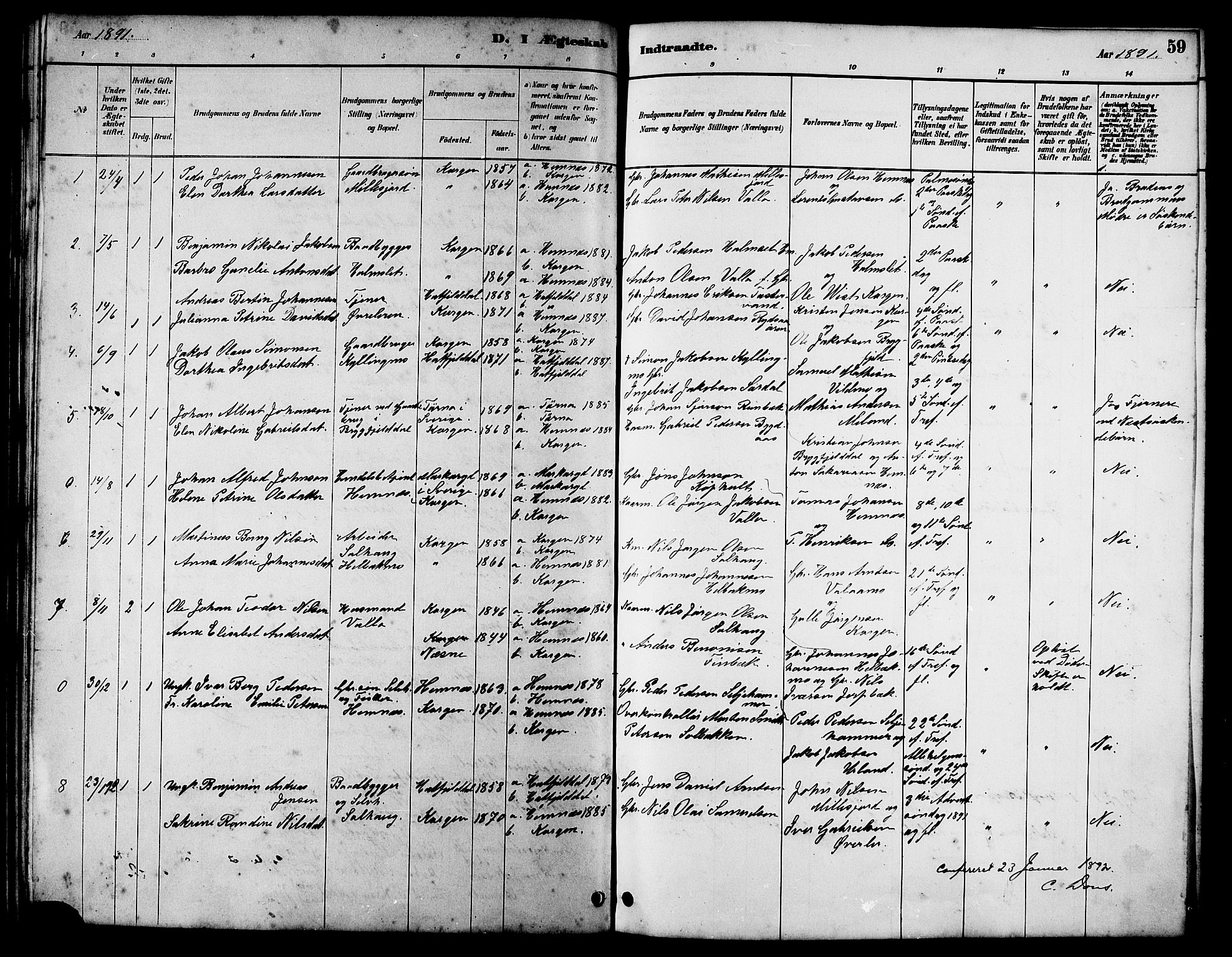 Ministerialprotokoller, klokkerbøker og fødselsregistre - Nordland, AV/SAT-A-1459/826/L0383: Parish register (copy) no. 826C03, 1887-1896, p. 59