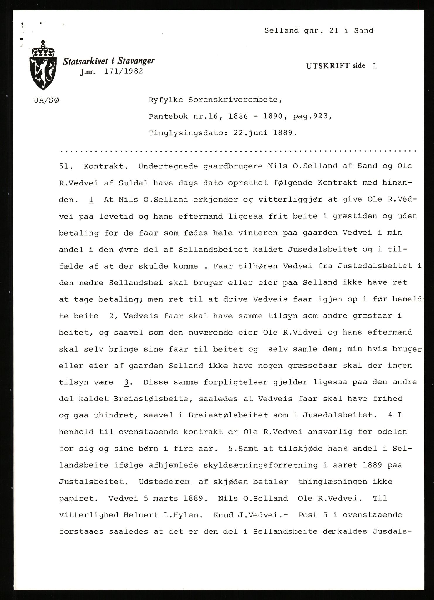 Statsarkivet i Stavanger, AV/SAST-A-101971/03/Y/Yj/L0073: Avskrifter sortert etter gårdsnavn: Sandstøl ytre - Selland, 1750-1930, p. 560