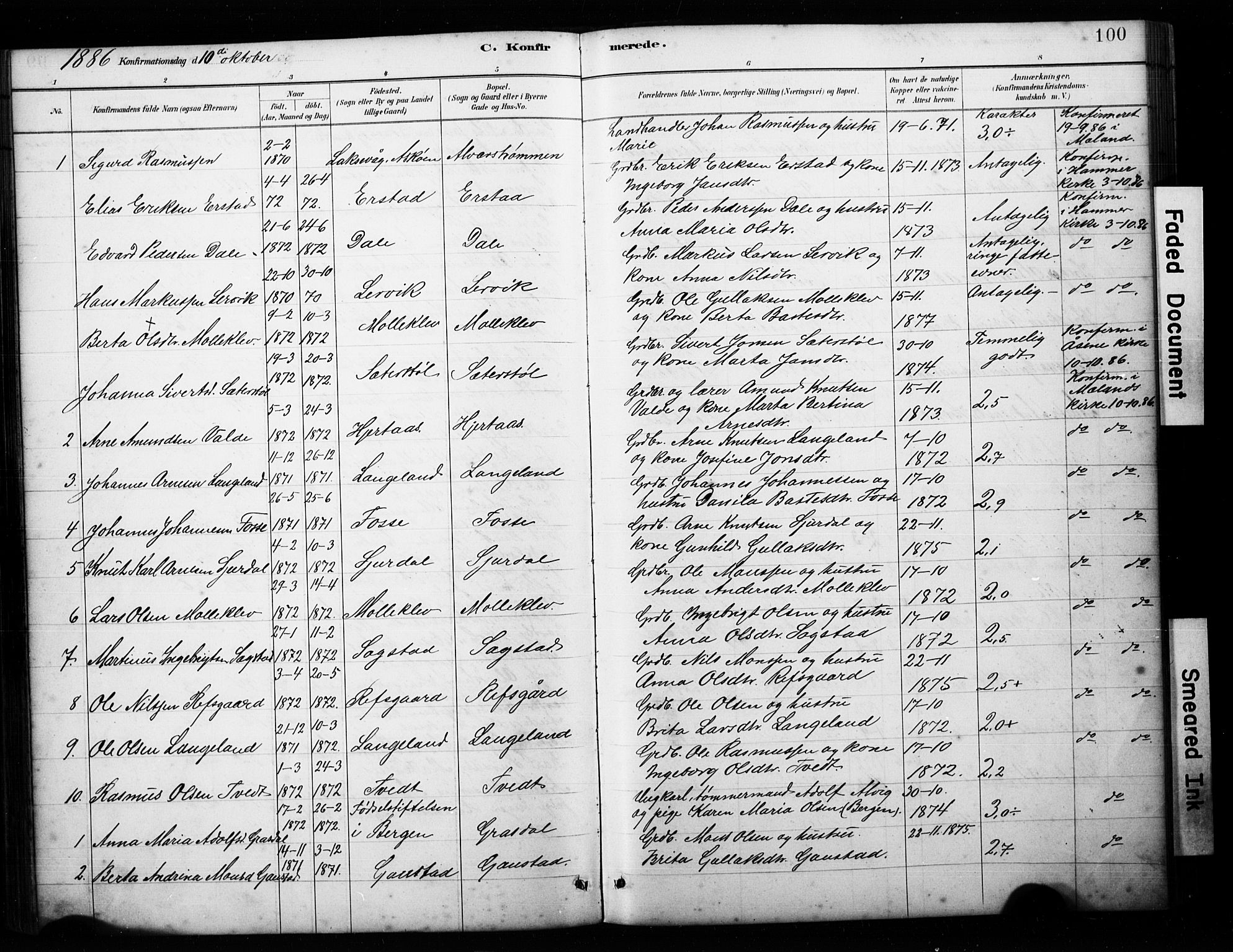 Alversund Sokneprestembete, SAB/A-73901/H/Ha/Hab: Parish register (copy) no. C 3, 1881-1894, p. 100