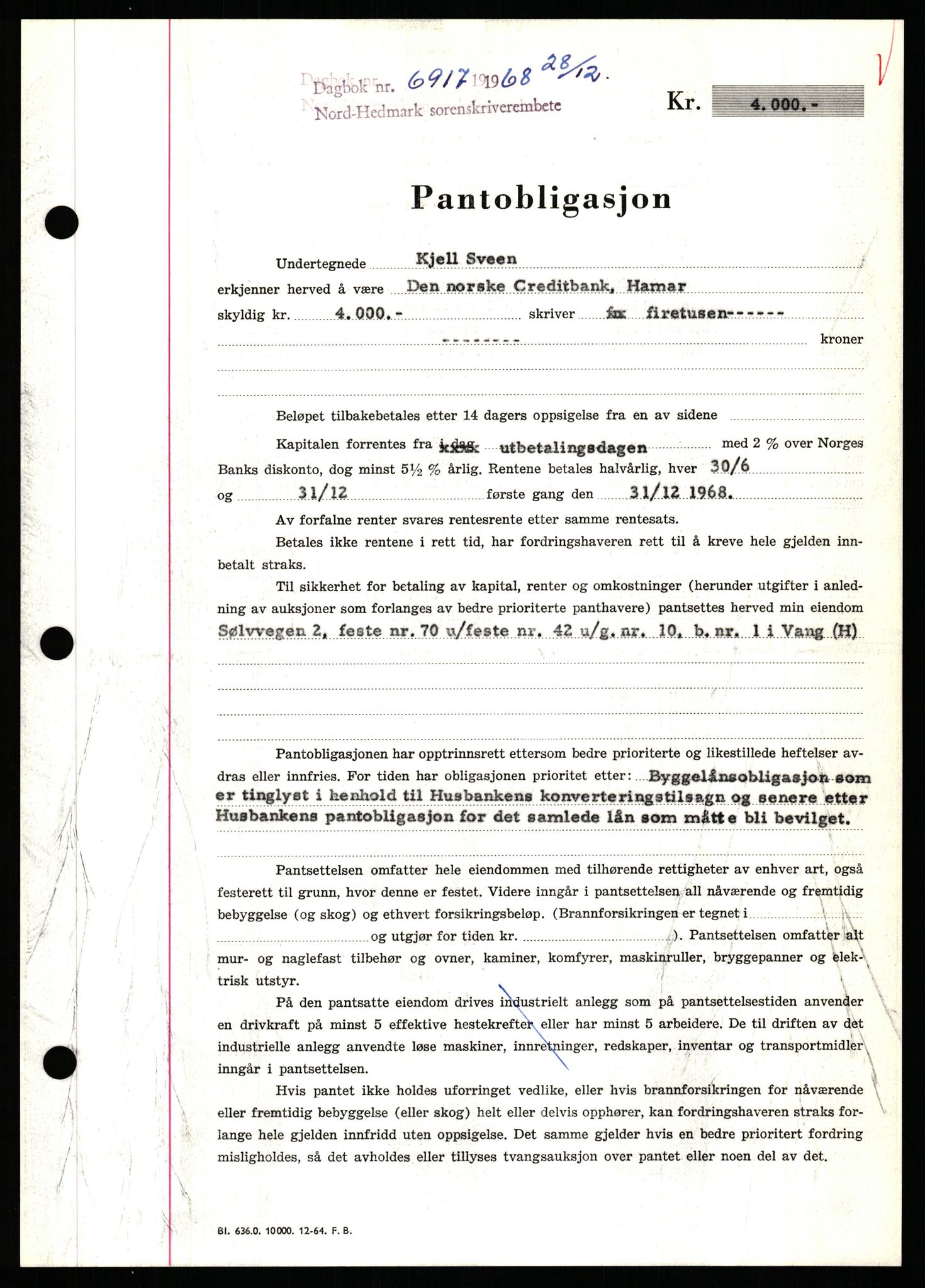 Nord-Hedmark sorenskriveri, SAH/TING-012/H/Hb/Hbf/L0077: Mortgage book no. B77, 1968-1969, Diary no: : 6917/1968