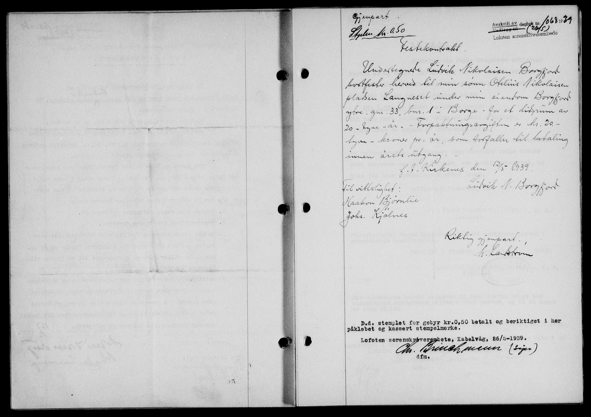 Lofoten sorenskriveri, SAT/A-0017/1/2/2C/L0005a: Mortgage book no. 5a, 1939-1939, Diary no: : 1068/1939