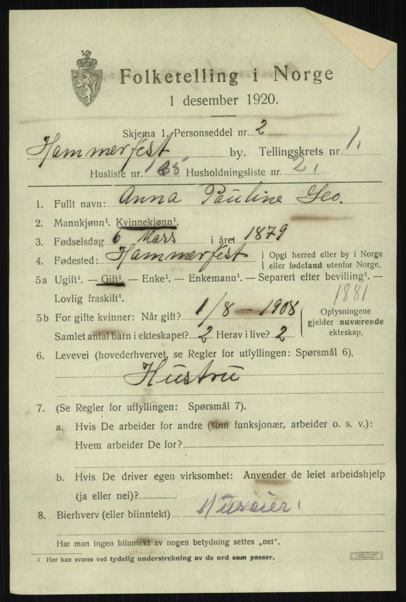 SATØ, 1920 census for Hammerfest, 1920, p. 4765