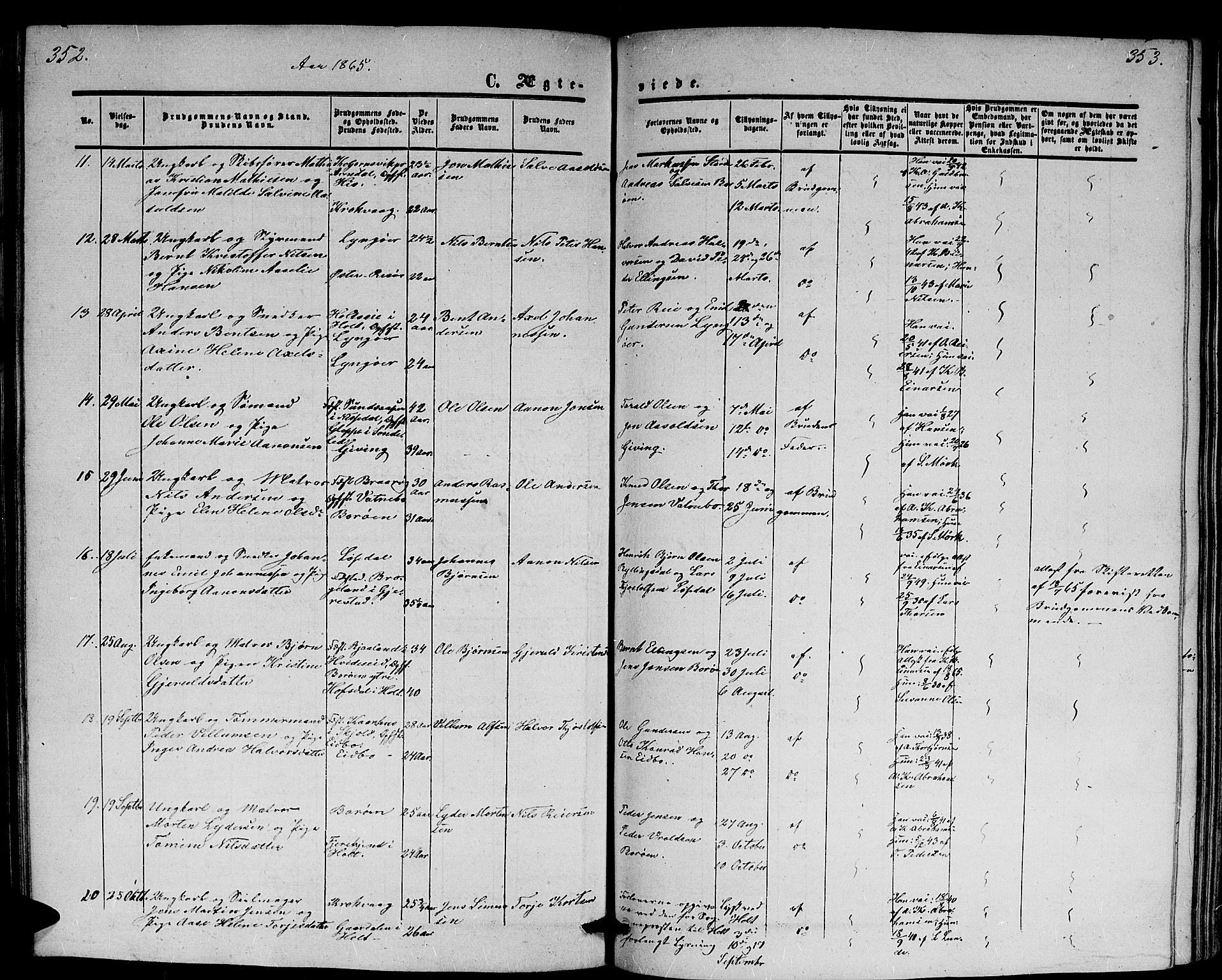Dypvåg sokneprestkontor, AV/SAK-1111-0007/F/Fb/Fba/L0011: Parish register (copy) no. B 11, 1857-1872, p. 352-353