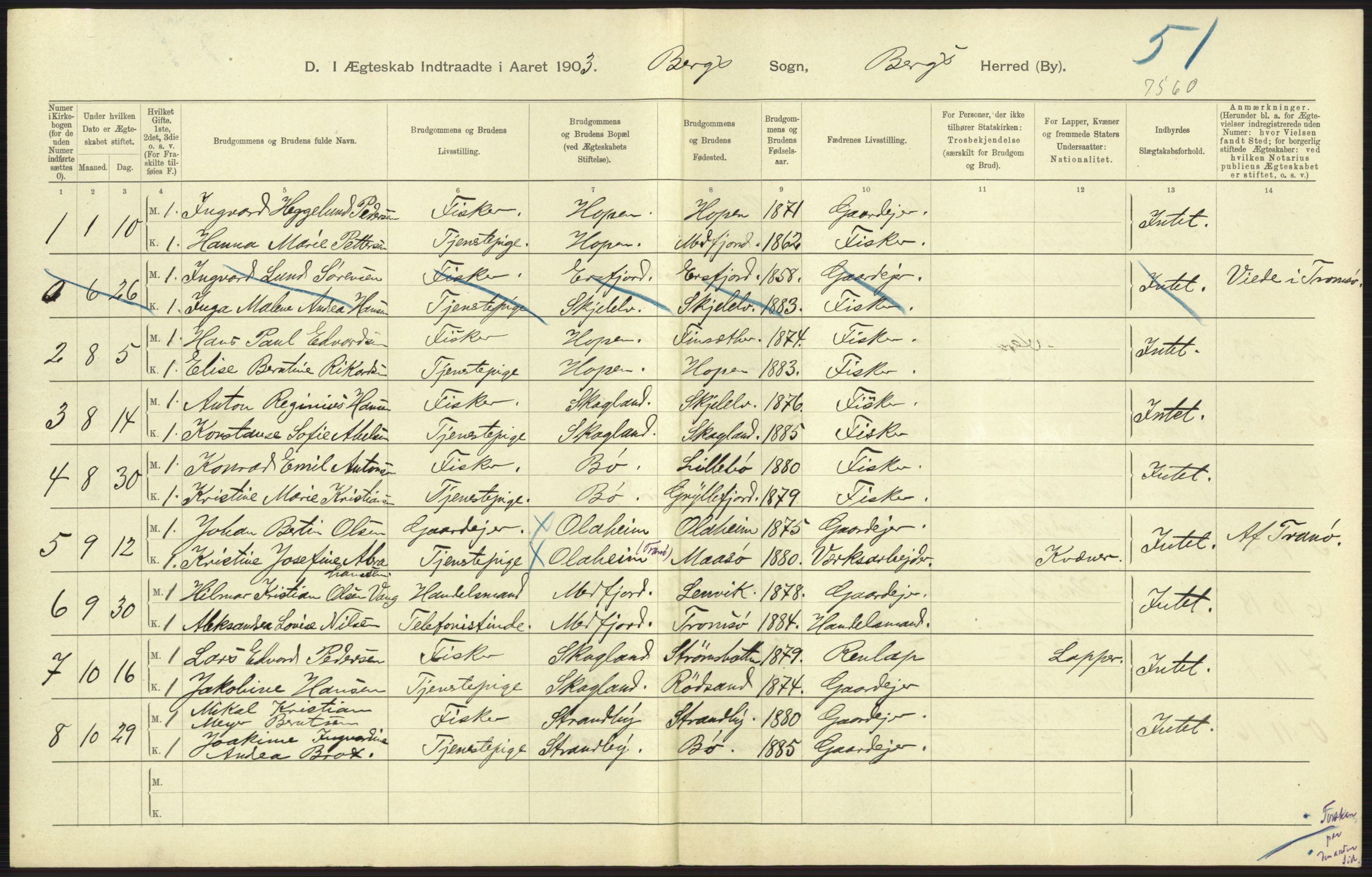 Statistisk sentralbyrå, Sosiodemografiske emner, Befolkning, AV/RA-S-2228/D/Df/Dfa/Dfaa/L0021: Tromsø amt: Fødte, gifte, døde., 1903, p. 331