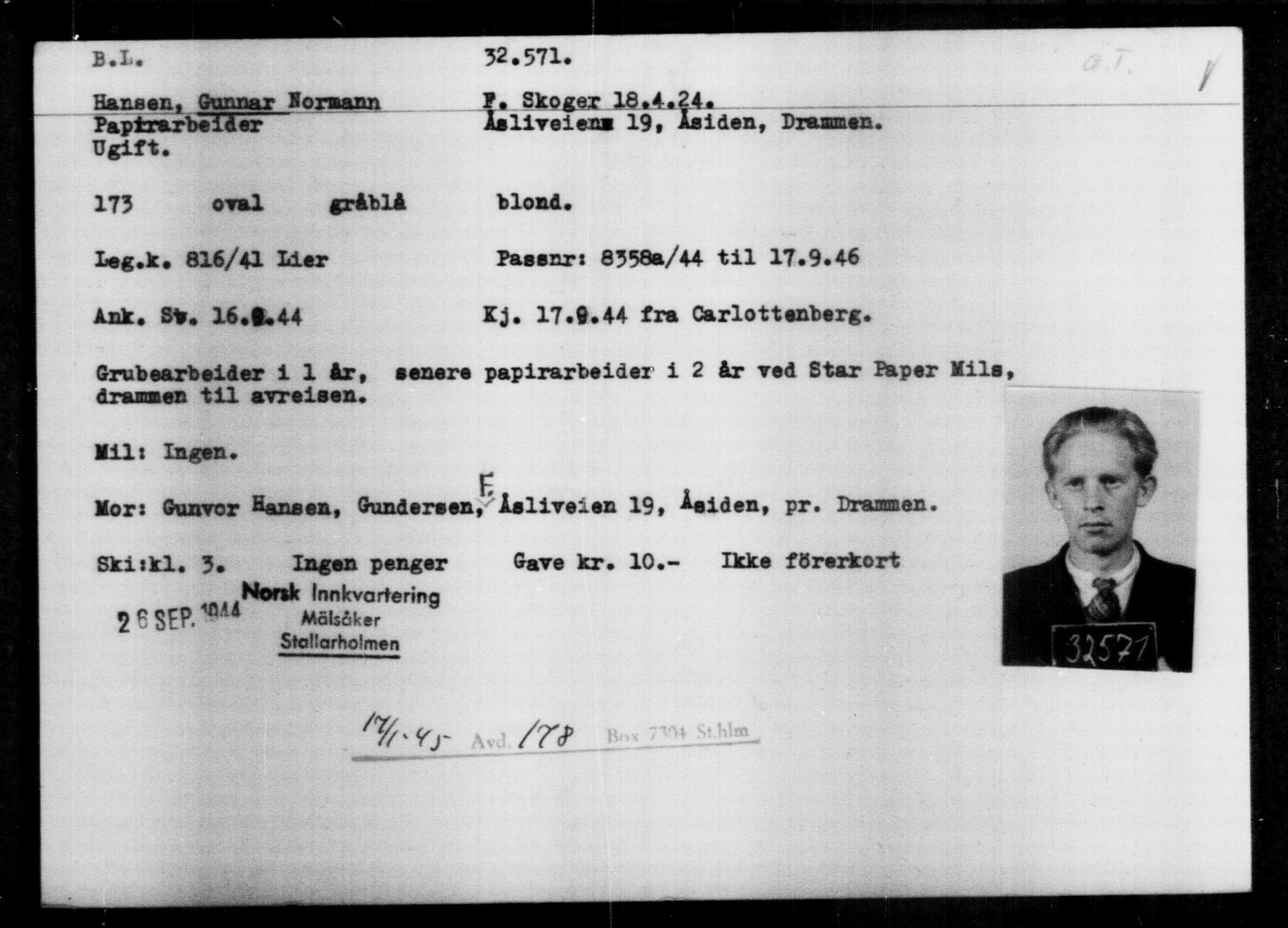 Utenriksstasjonene, Legasjonen i Stockholm, Flyktningkontoret, AV/RA-S-6753/V/Va/L0013: Kjesäterkartoteket, flyktninger med registreringsnr. 31500-34731, 1940-1945, p. 1130